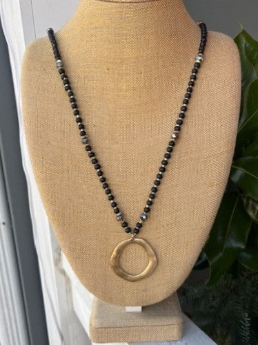 Beaded & Crystal Long Necklace with Hammered Circle Drop