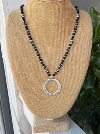 Beaded & Crystal Long Necklace with Hammered Circle Drop