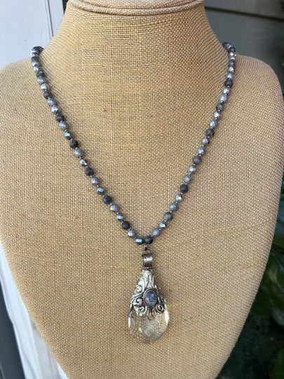 Long Beaded Necklace w/ Ornate Crystal Pendant