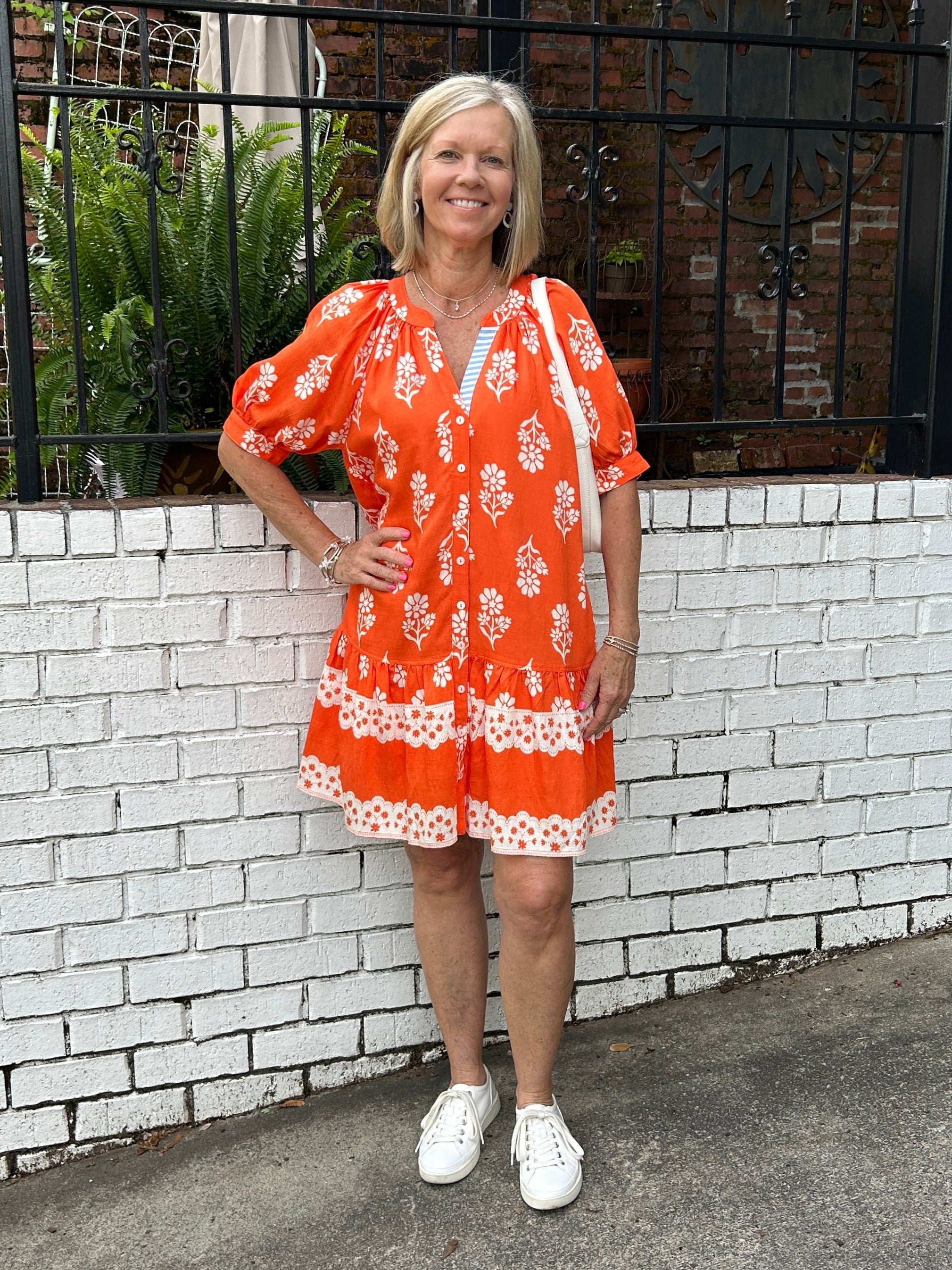 Orange and White Print Puff Sleeve Short Dress