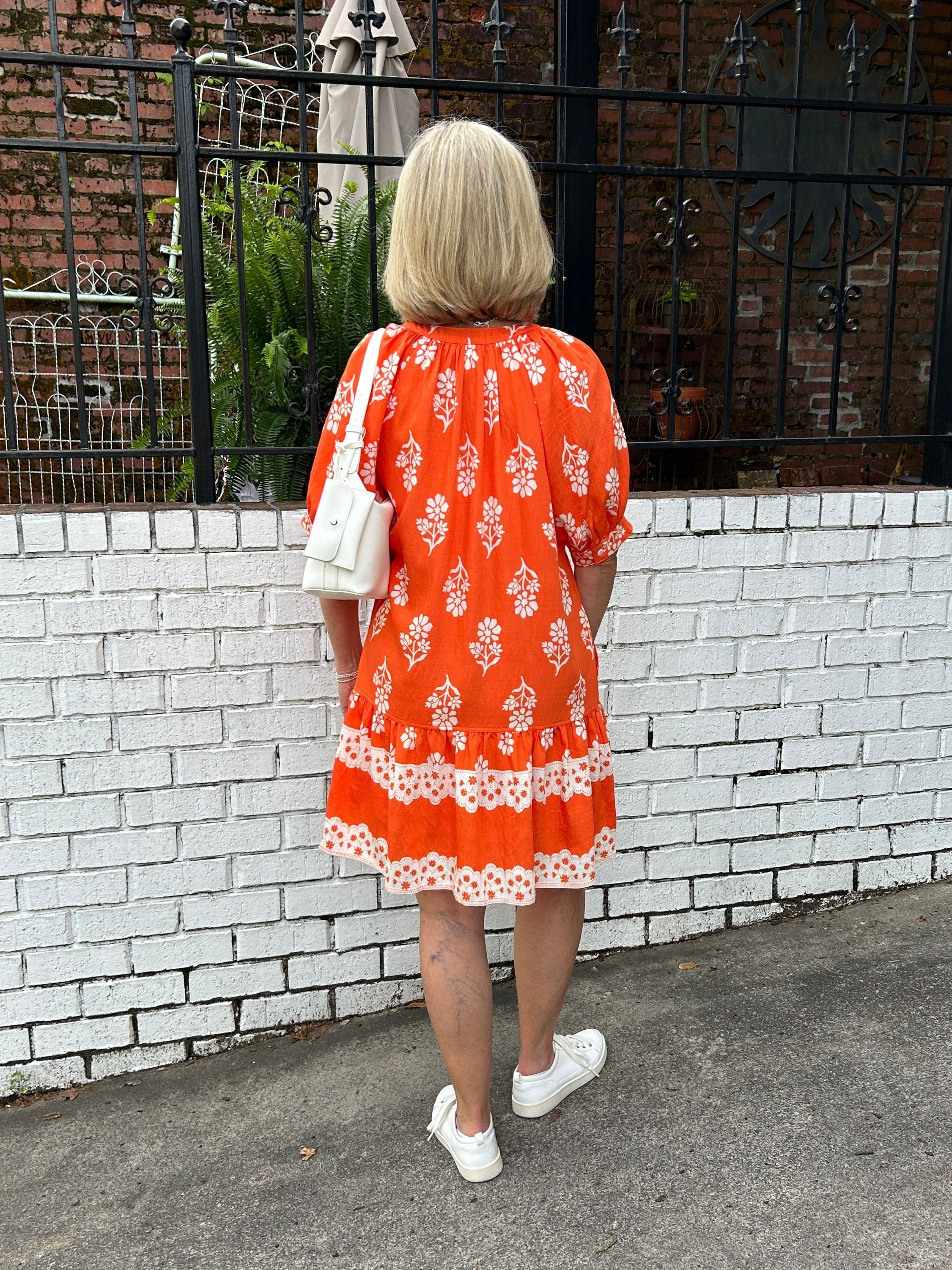 Orange and White Print Puff Sleeve Short Dress