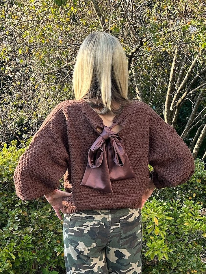 Crew Neck Back Satin Tie Sweater in Brown