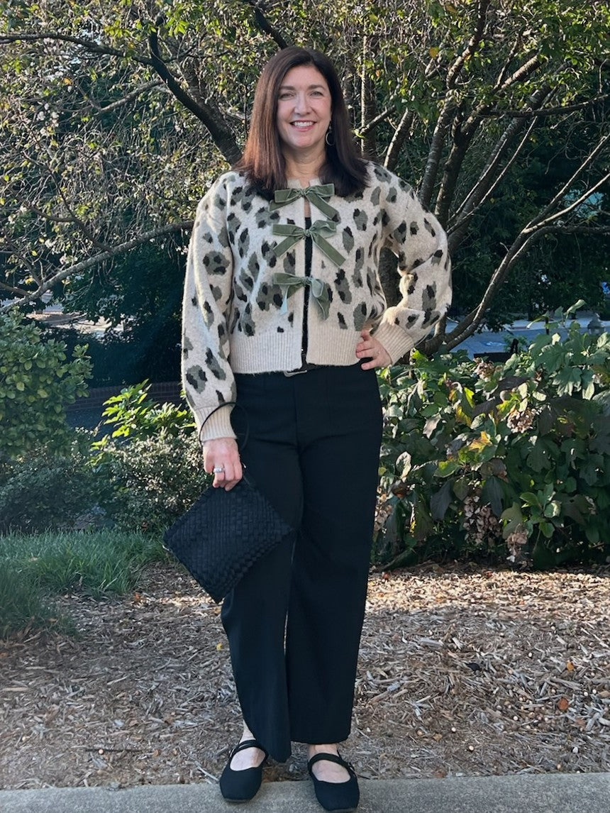 Leopard Print Jacquard Sweater Cardigan w/ Front Bow Details
