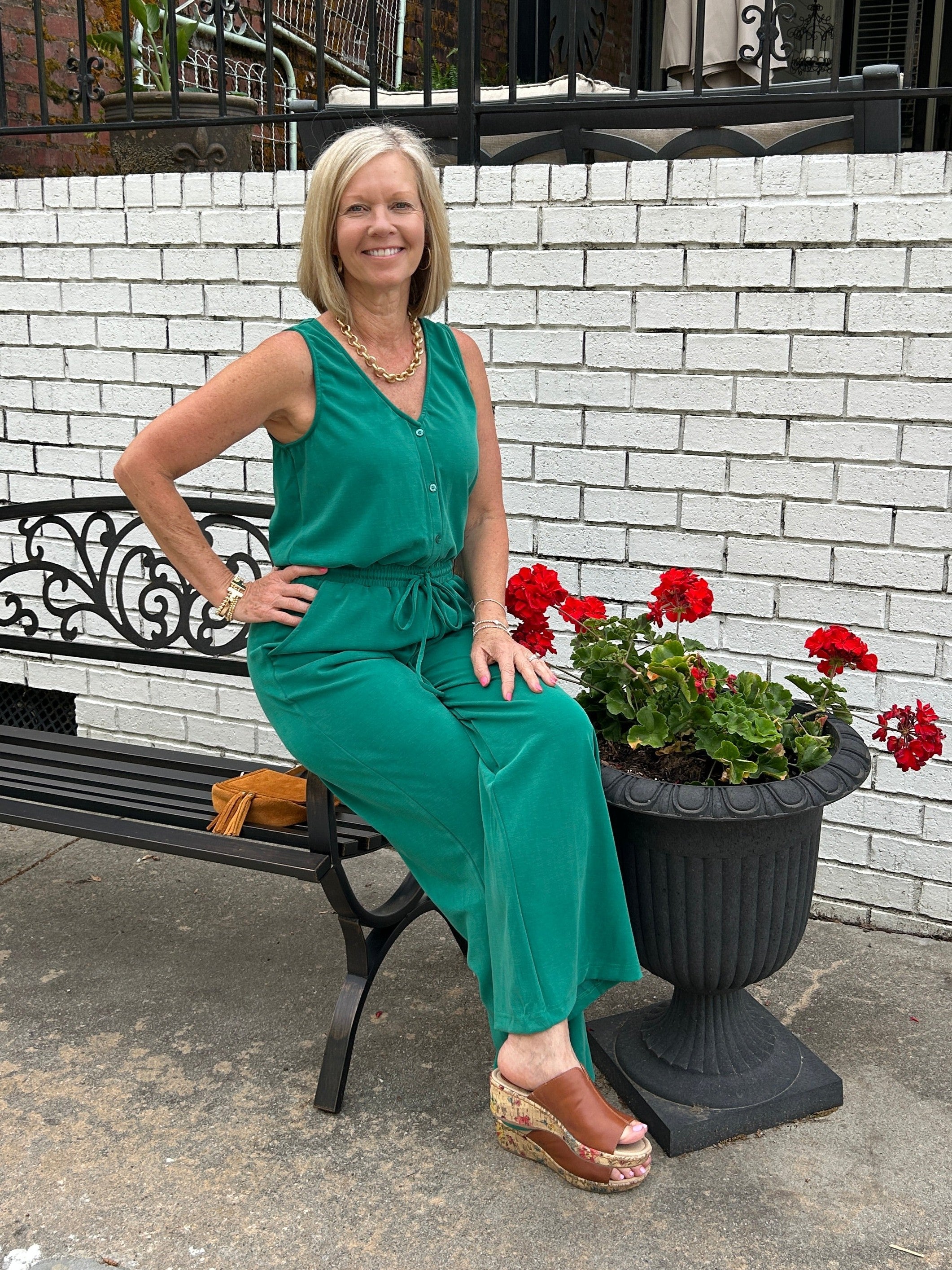 Sleeveless Knit Jumpsuit in Pine Green