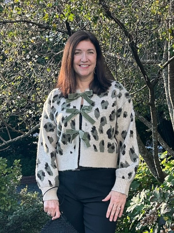 Leopard Print Jacquard Sweater Cardigan w/ Front Bow Details