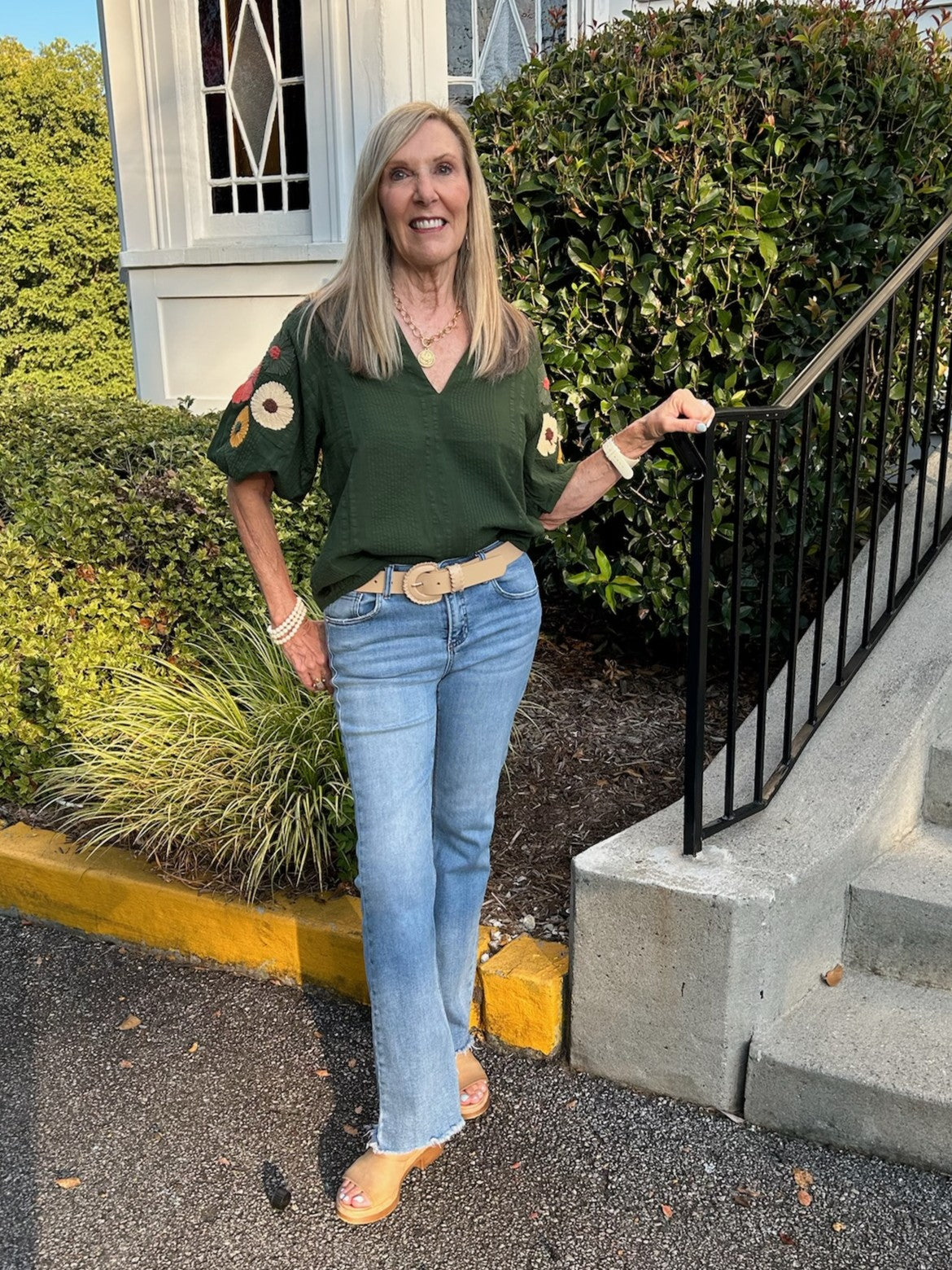 Ruffle Neck Top in Green w/ Stitched Floral Sleeves