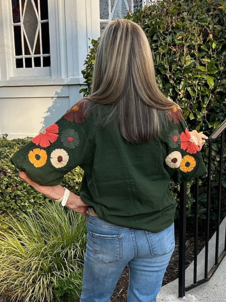 Ruffle Neck Top in Green w/ Stitched Floral Sleeves