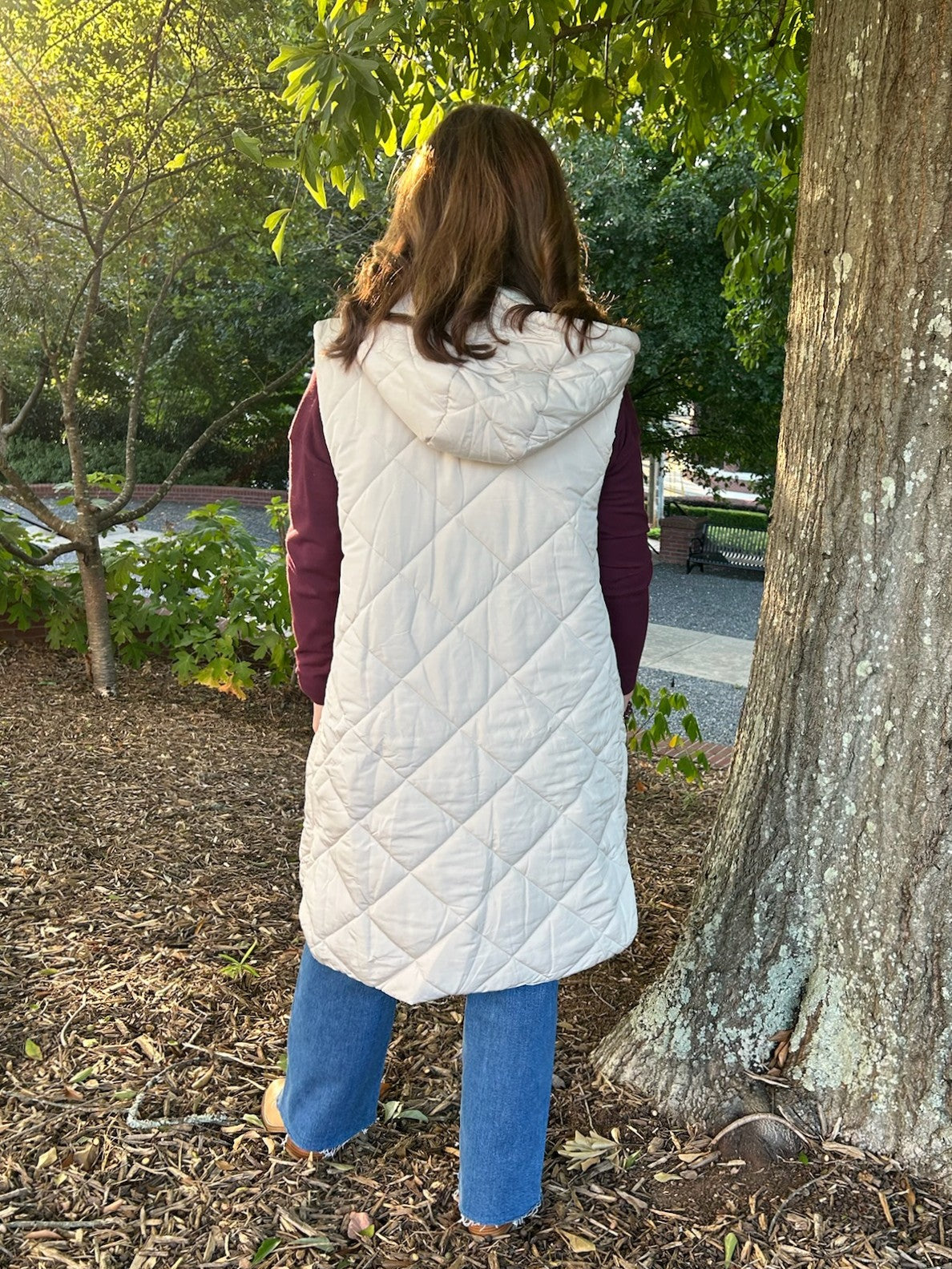 Long Quilted Puffer Hoodie Vest in Ivory