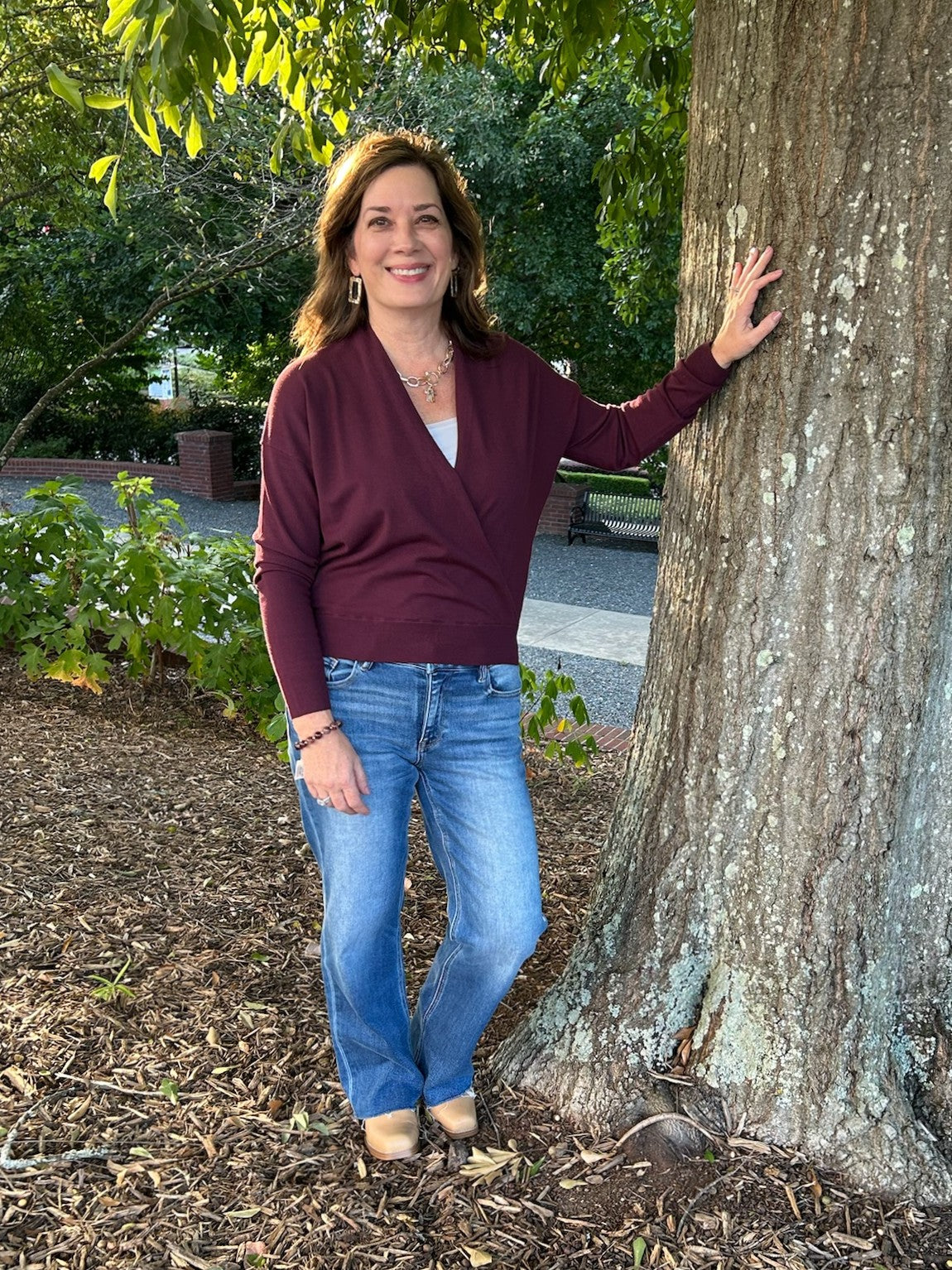 Soft Fine Knit Wrap Sweater in Burgundy