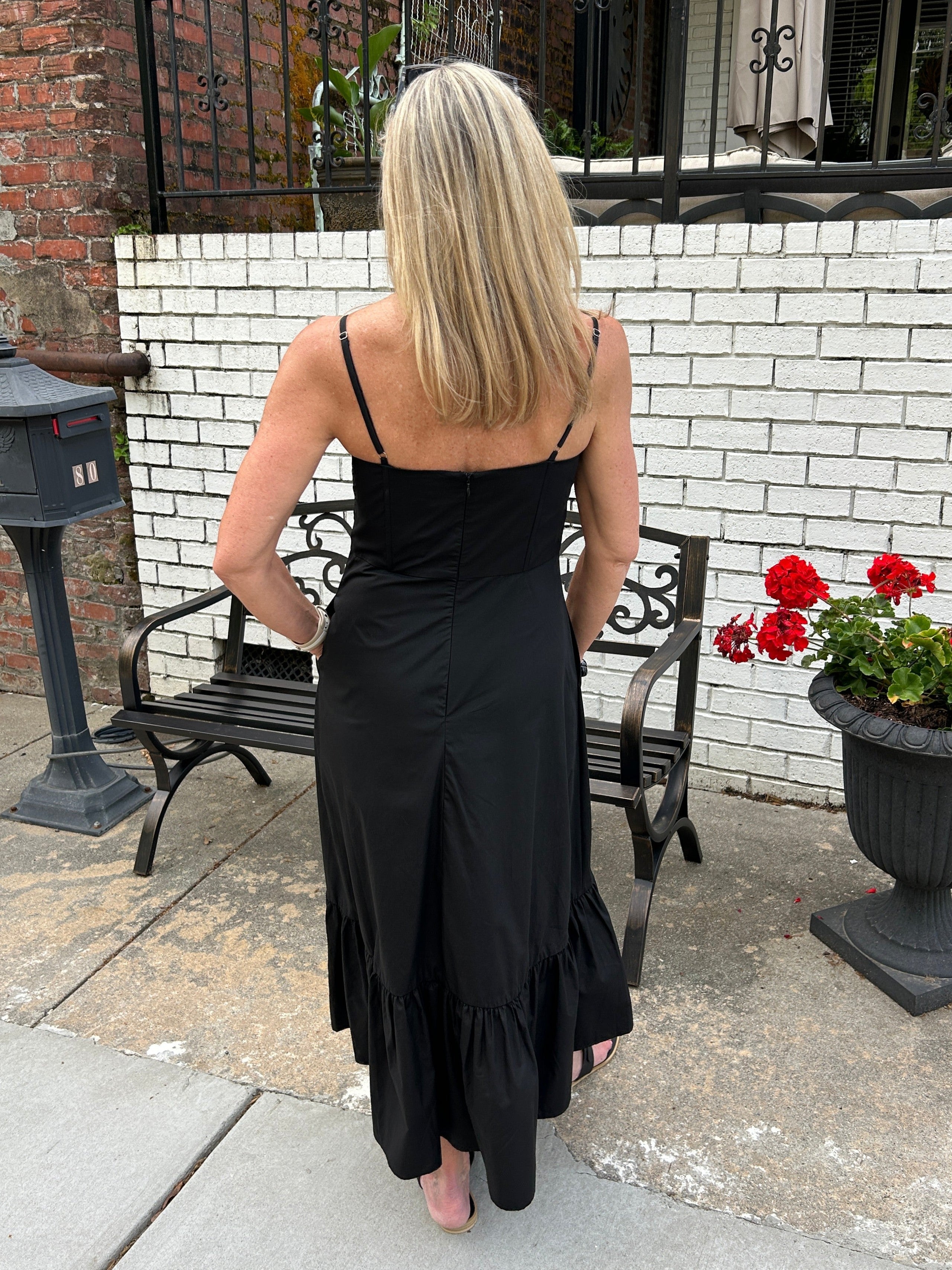 Black Midi Spaghetti Strap Dress with Bow
