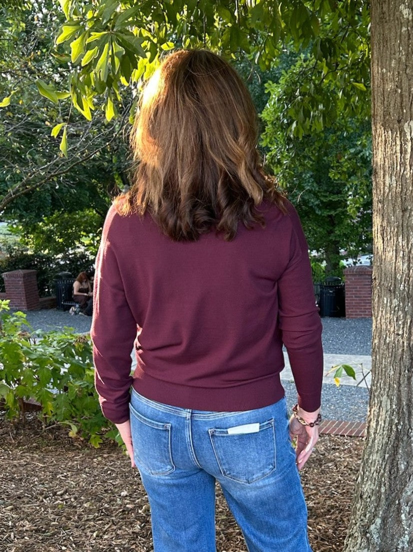 Soft Fine Knit Wrap Sweater in Burgundy