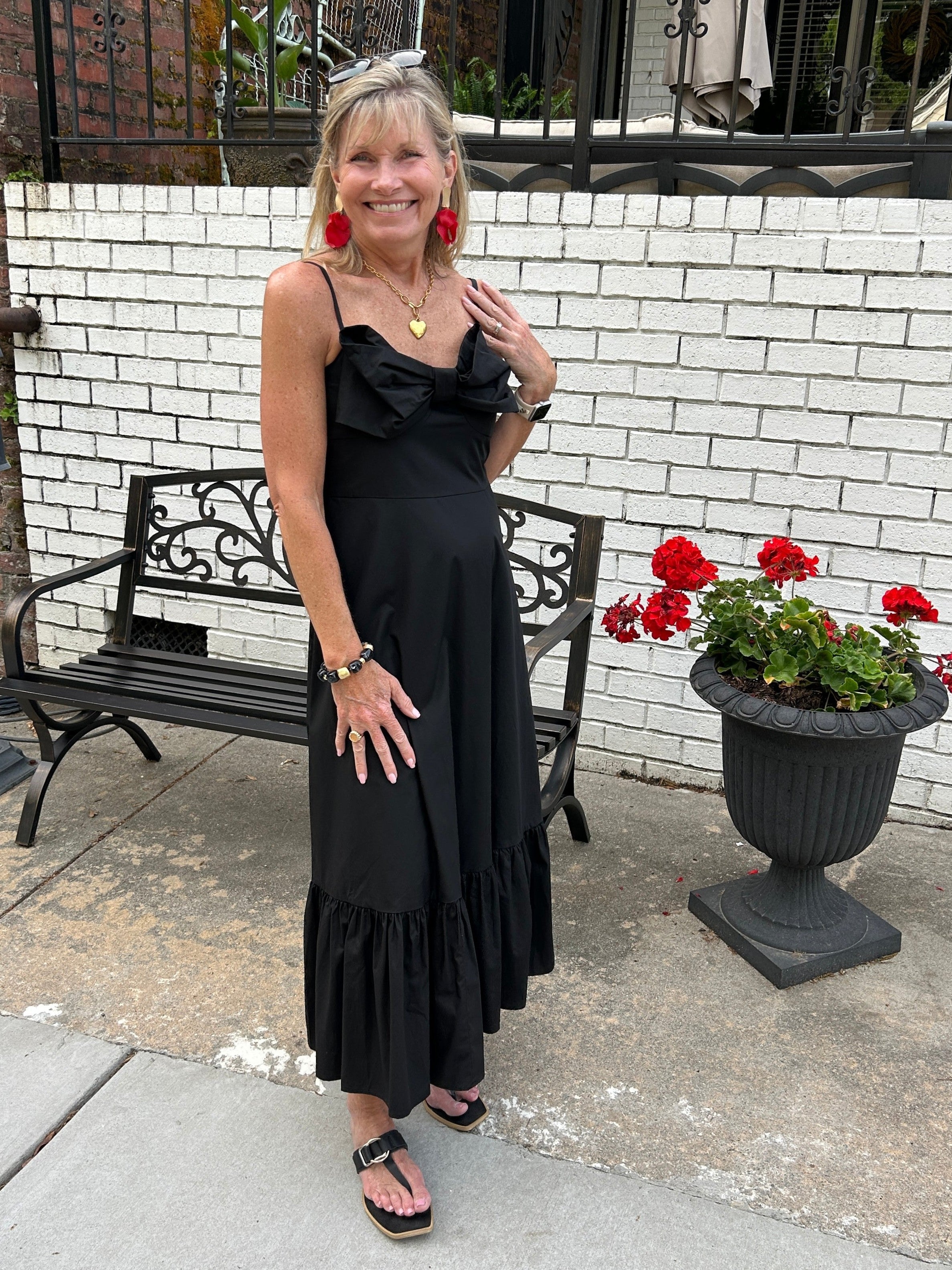 Black Midi Spaghetti Strap Dress with Bow