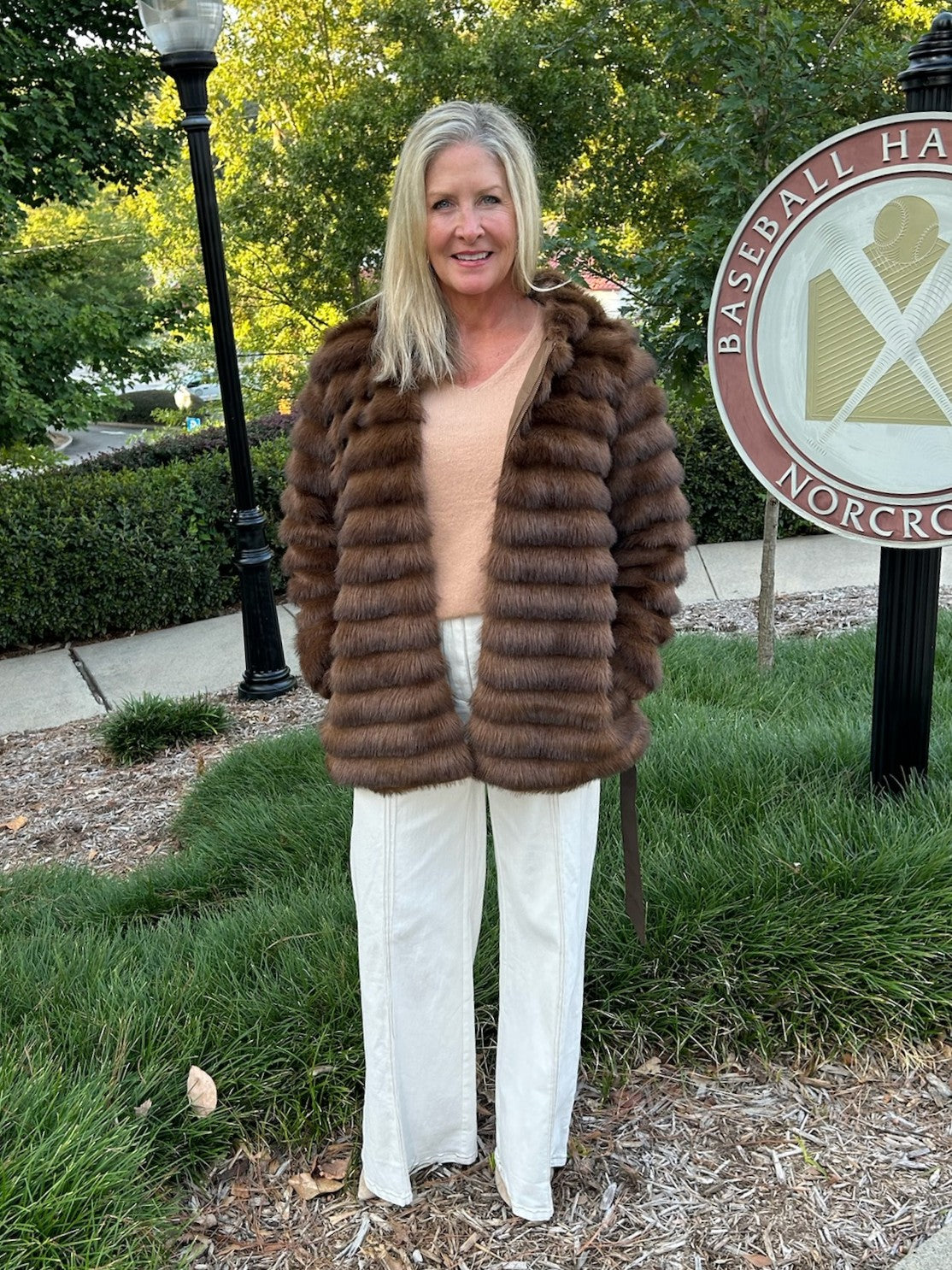 Fur Hooded Zip-Up Coat w/ Tie Belt in Dark Brown