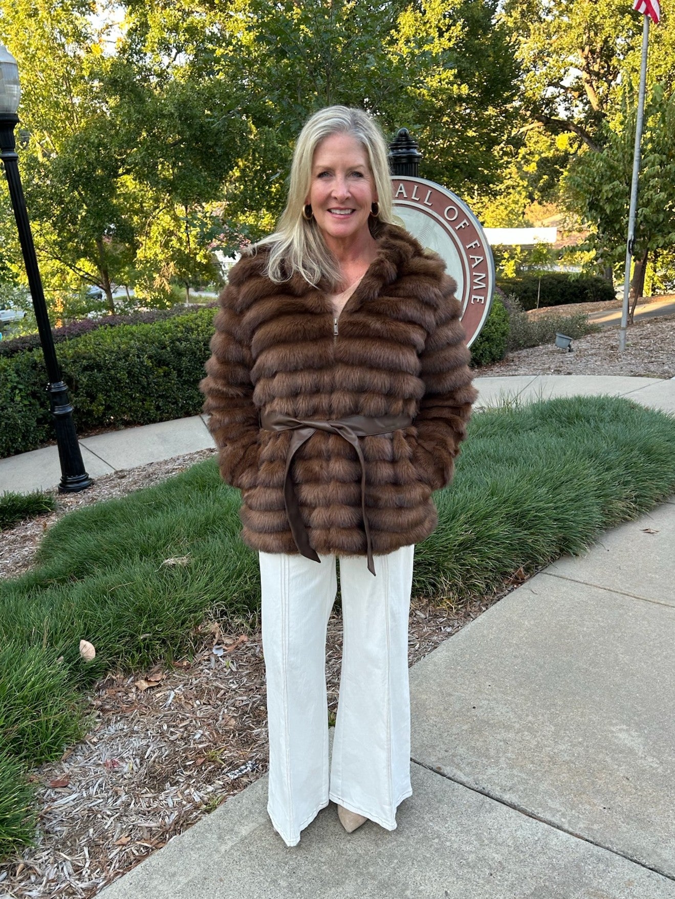 Fur Hooded Zip-Up Coat w/ Tie Belt in Dark Brown