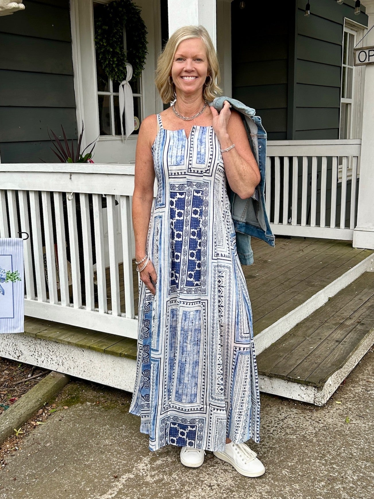 Blue & White Patterned Spaghetti Strap Midi Dress