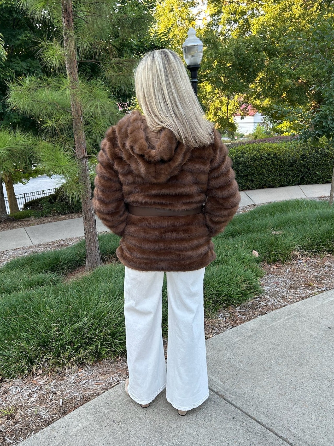 Fur Hooded Zip-Up Coat w/ Tie Belt in Dark Brown
