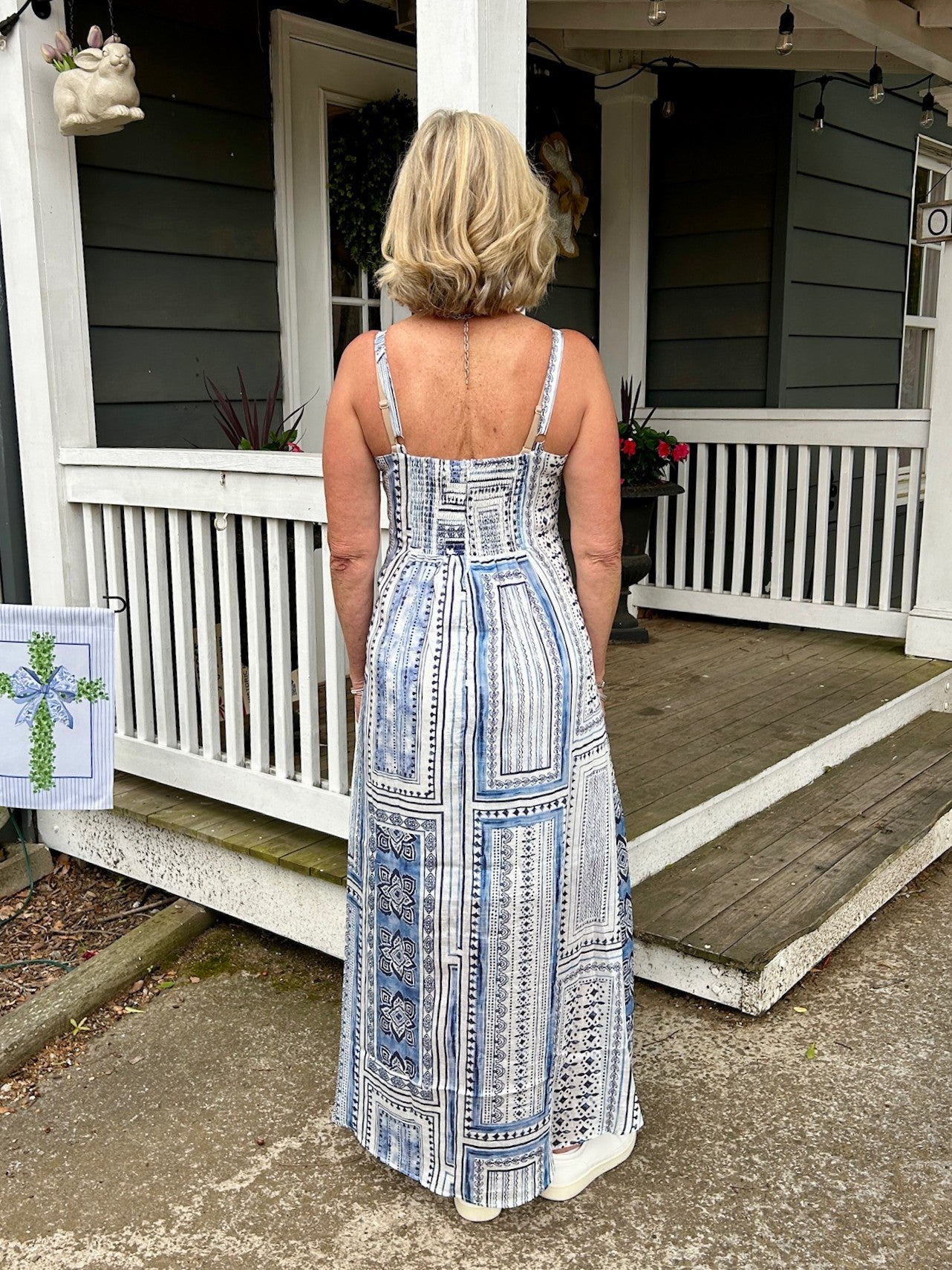 Blue & White Patterned Spaghetti Strap Midi Dress