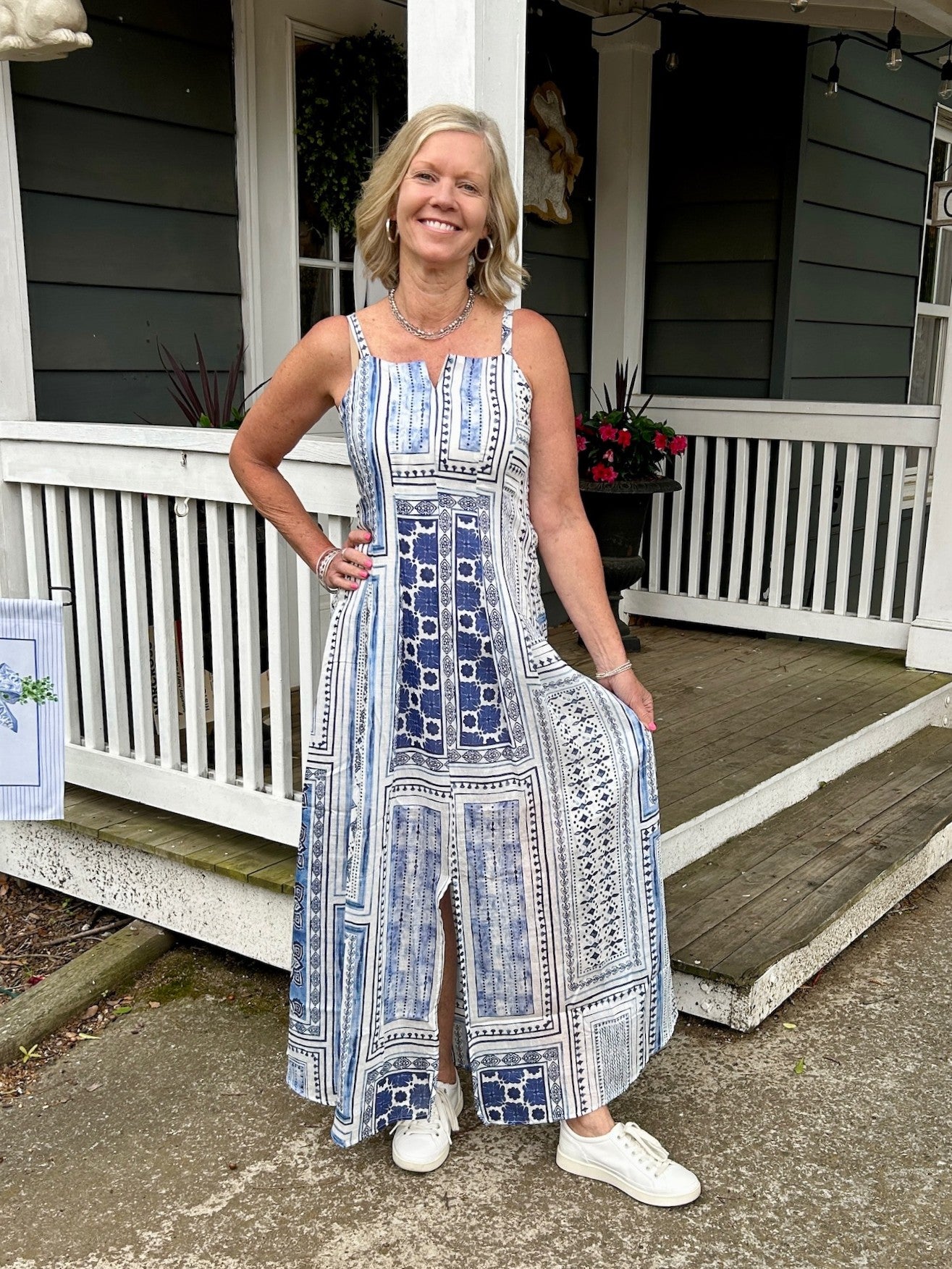 Blue & White Patterned Spaghetti Strap Midi Dress