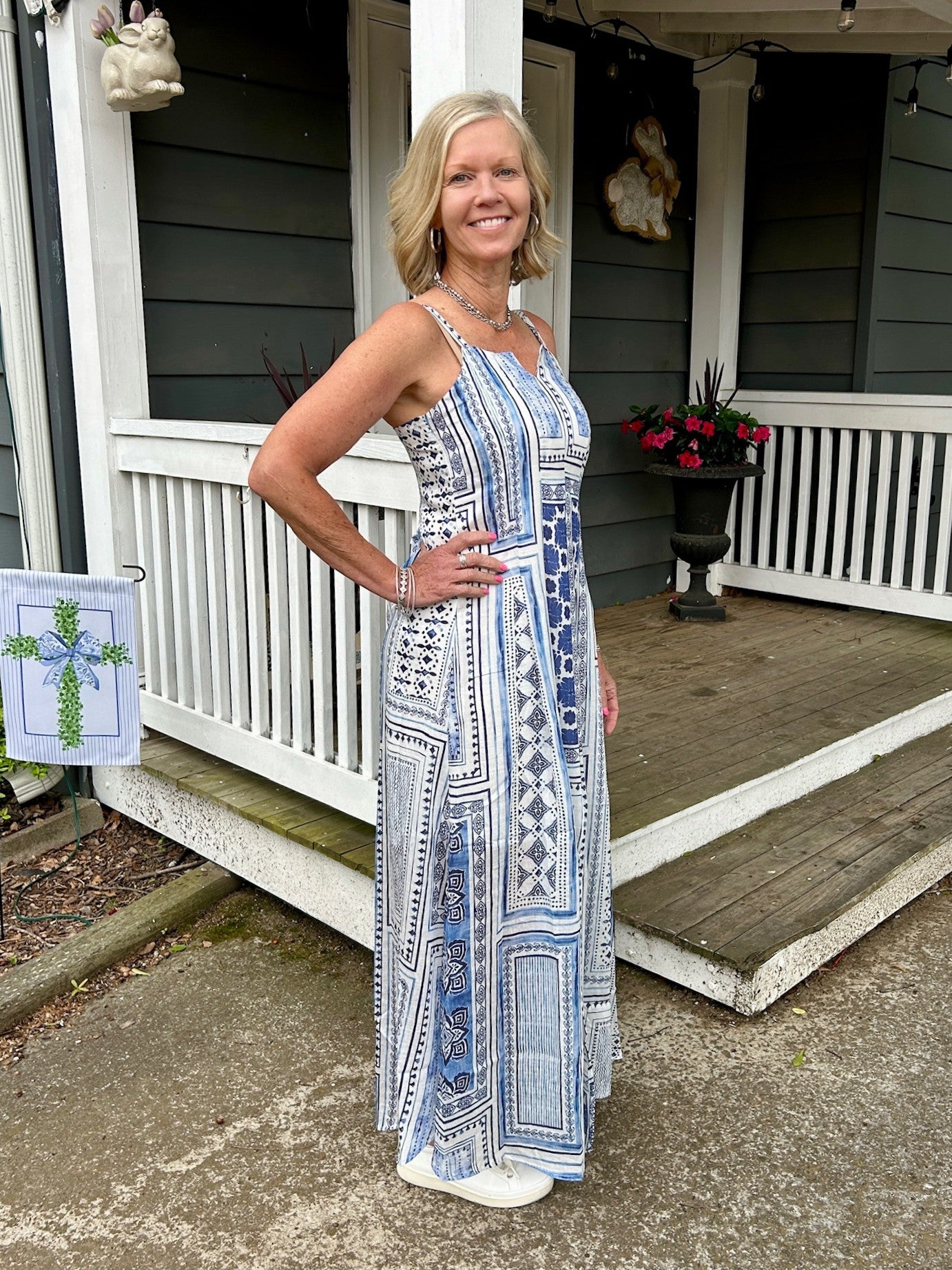 Blue & White Patterned Spaghetti Strap Midi Dress