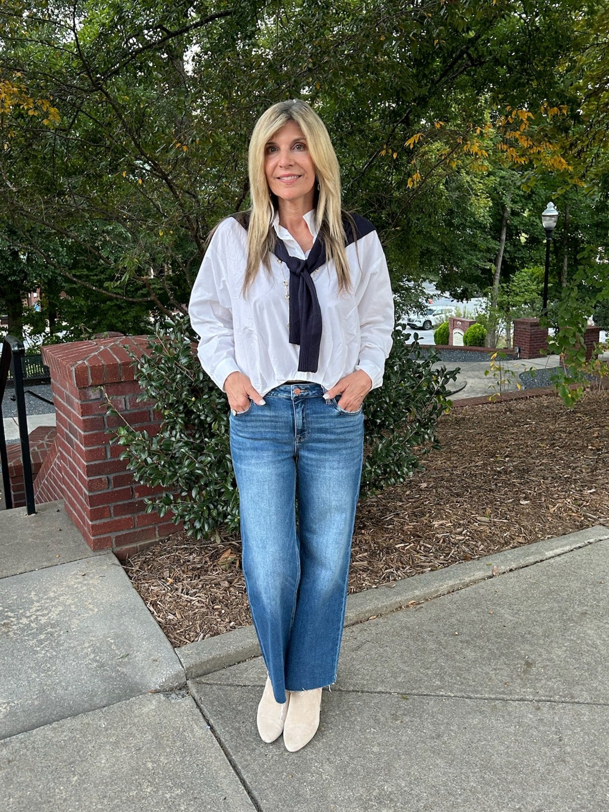 White Button Down Shirt w/ Navy Knit Shawl