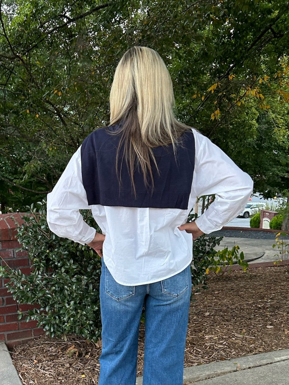 White Button Down Shirt w/ Navy Knit Shawl