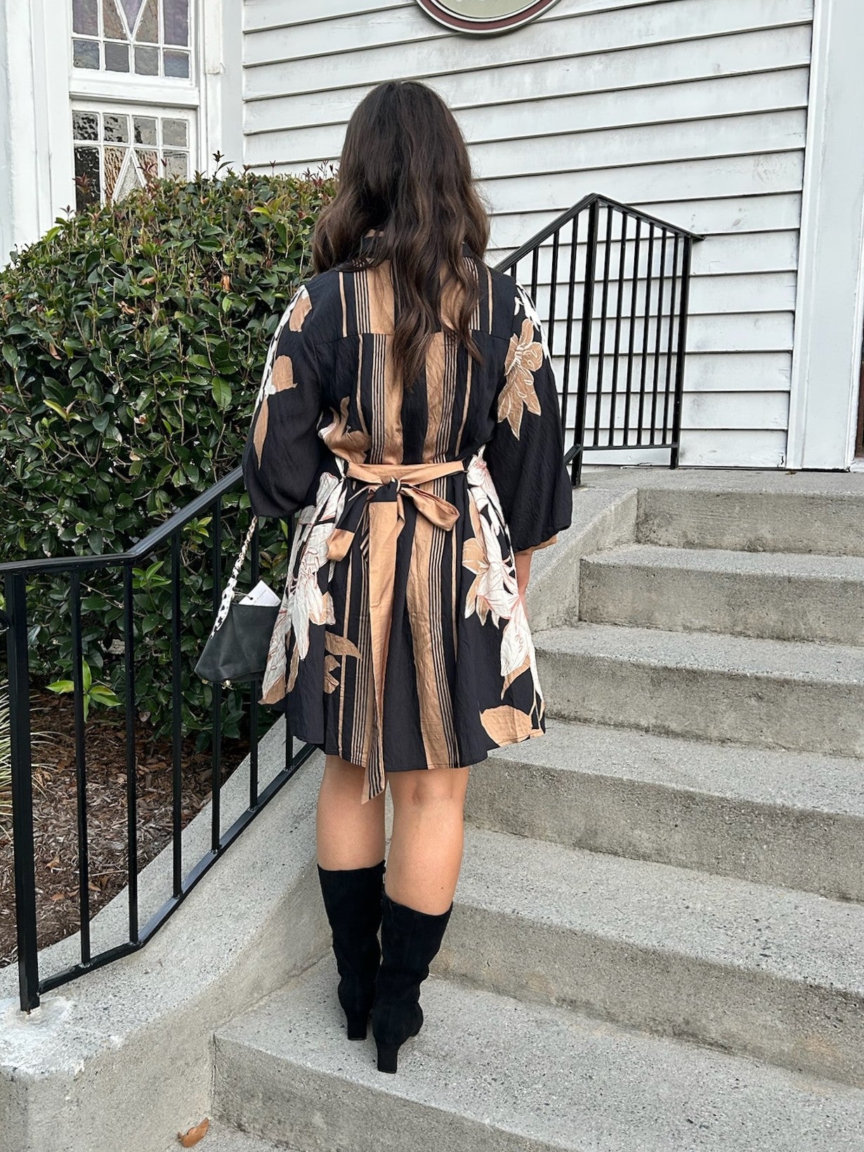 Black & Camel Button Up Dress w/ Balloon Sleeves