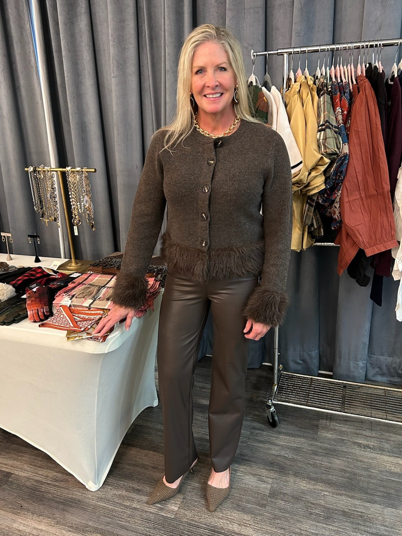 Dark Brown Button Down Sweater w/ Faux Fur Detailing