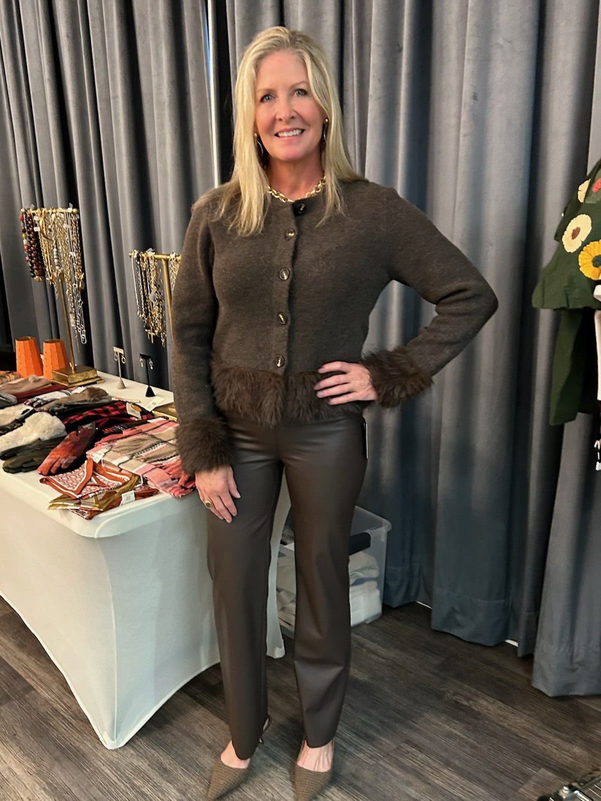 Dark Brown Button Down Sweater w/ Faux Fur Detailing