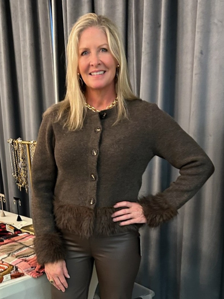 Dark Brown Button Down Sweater w/ Faux Fur Detailing