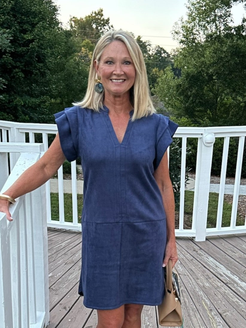 Faux Suede Ruffled Short Sleeve Dress in Navy