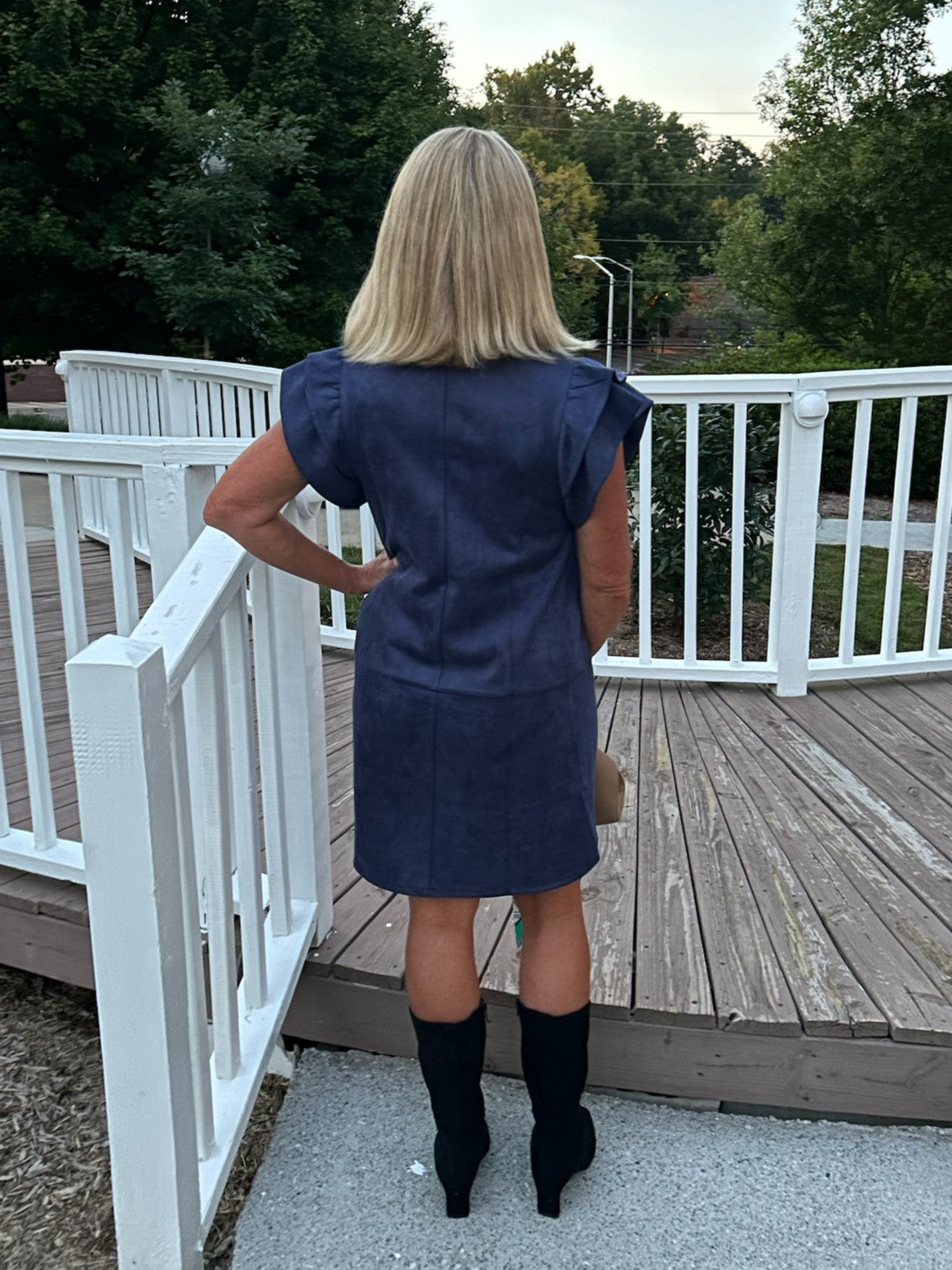 Faux Suede Ruffled Short Sleeve Dress in Navy
