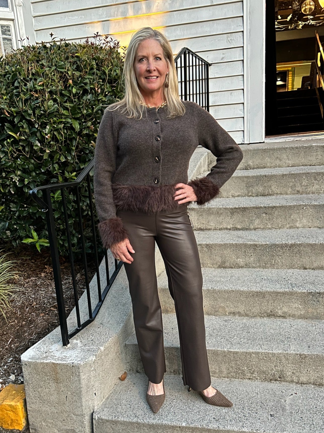 Dark Brown Button Down Sweater w/ Faux Fur Detailing