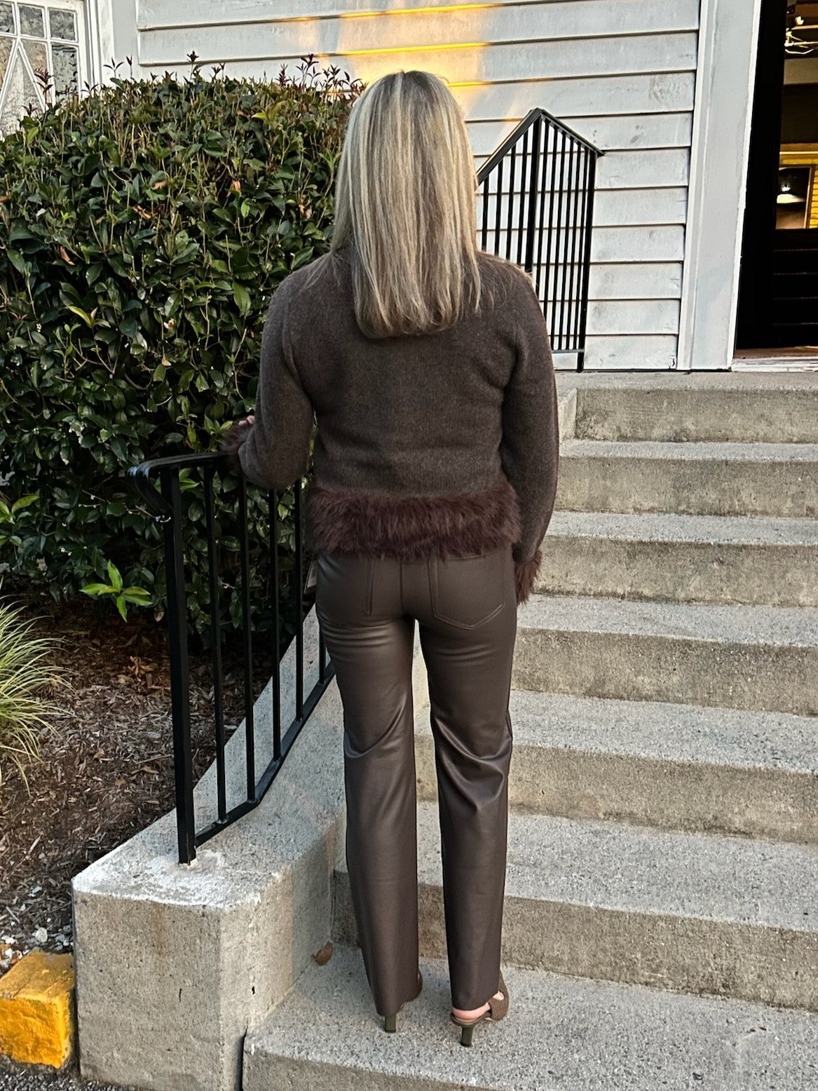 Dark Brown Button Down Sweater w/ Faux Fur Detailing