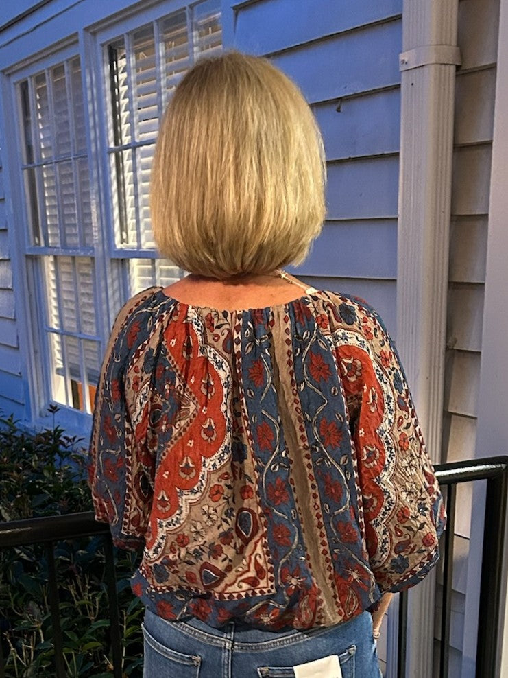 Puffed Sleeve Flowy Floral Pattern Top