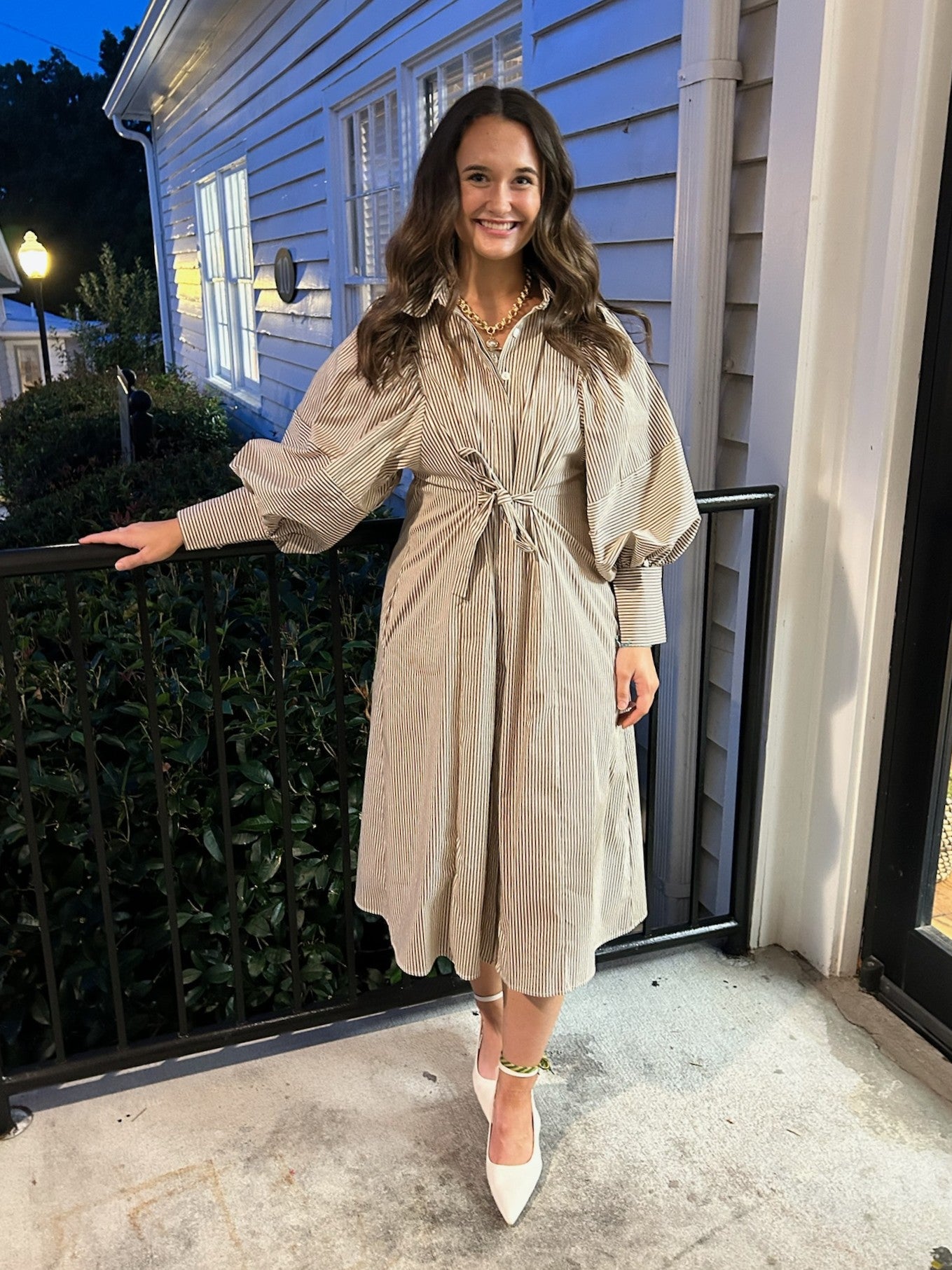 Brown Stripe Balloon Sleeves Midi Dress