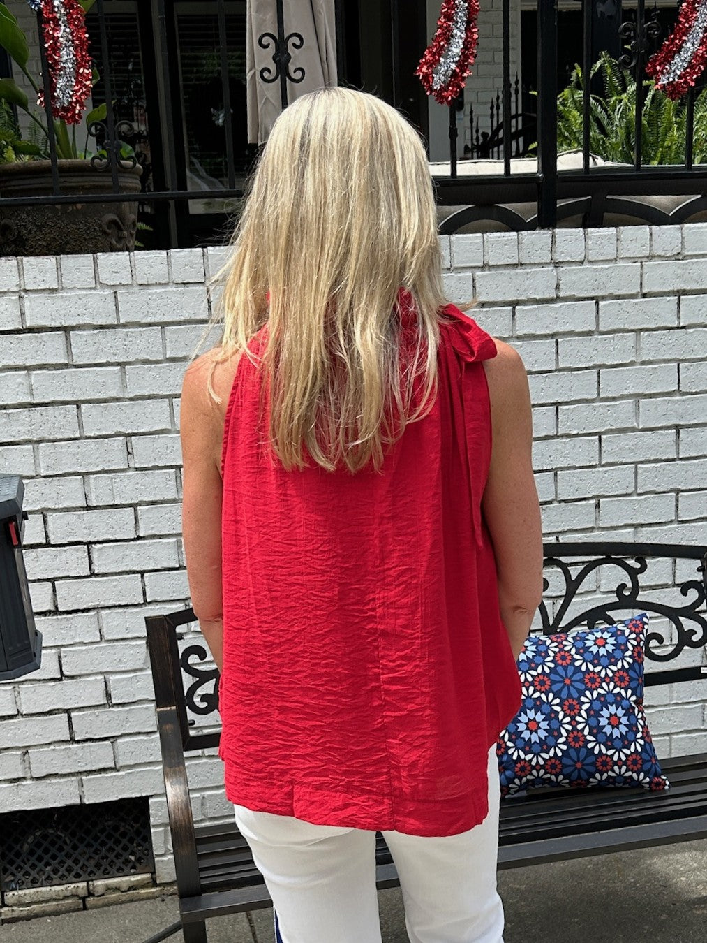 Sleeveless Red Top w/ Gathered Neckline