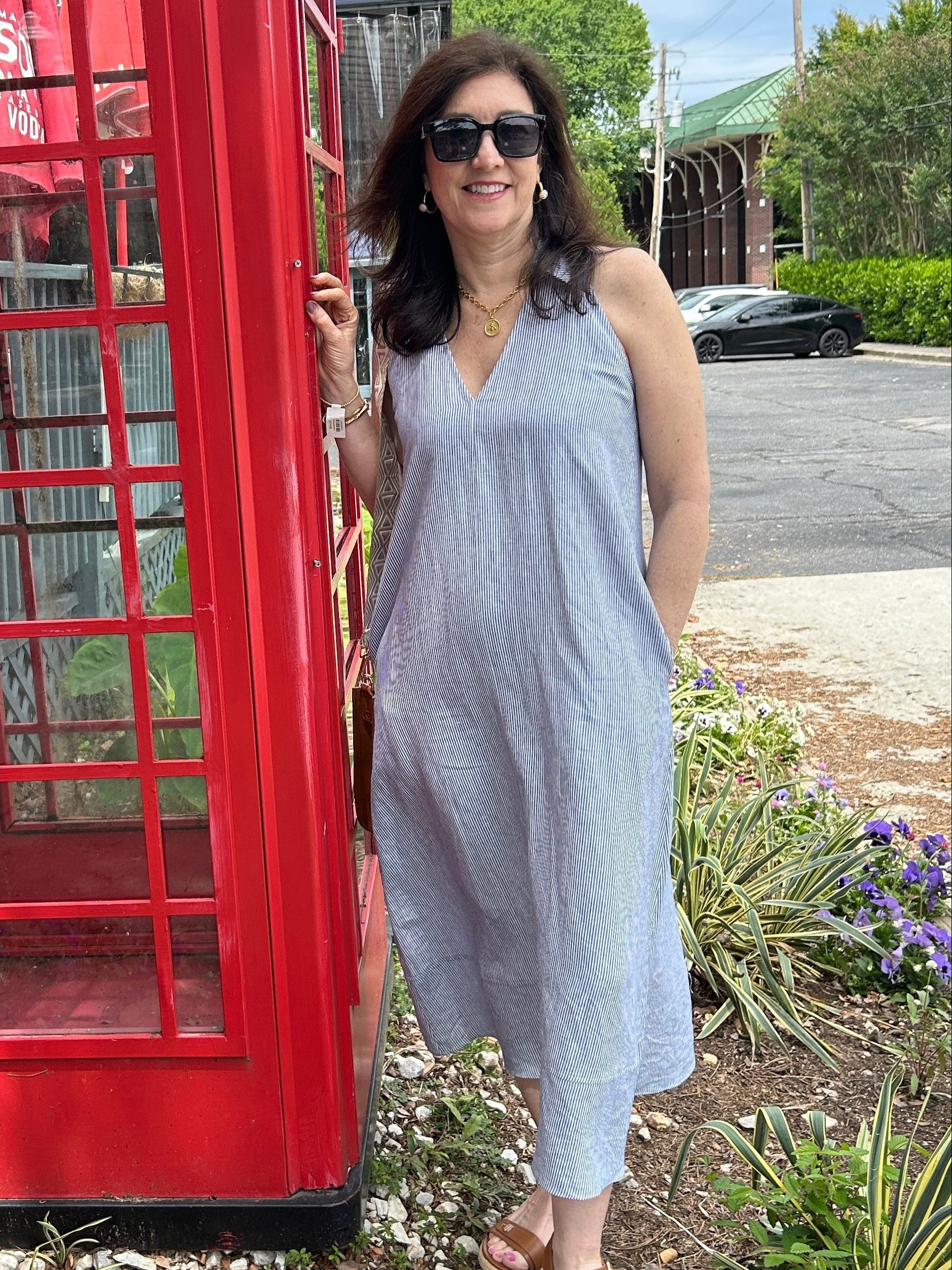 Navy & White Pinstriped Sleeveless Dress in Linen