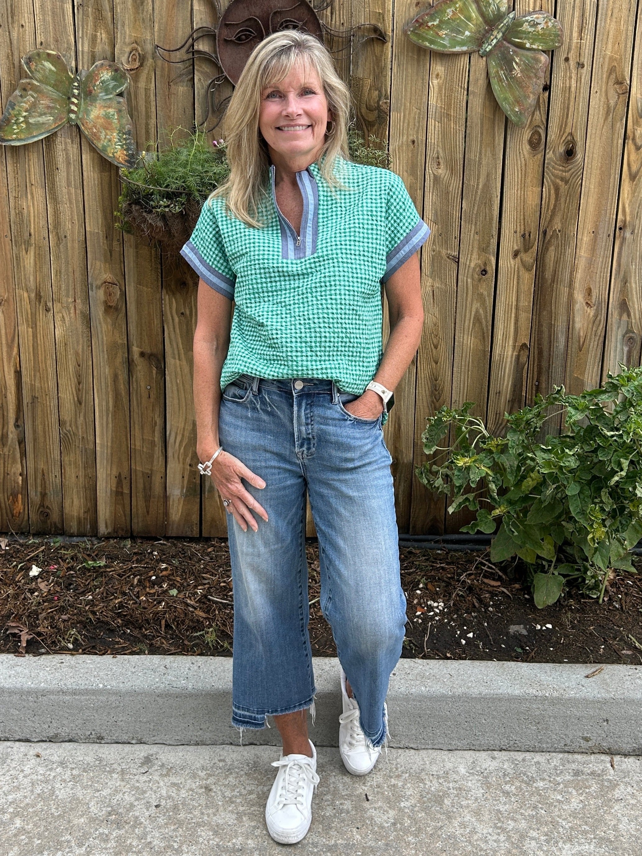 Short Sleeve Green and Blue Gingham Patterned Top