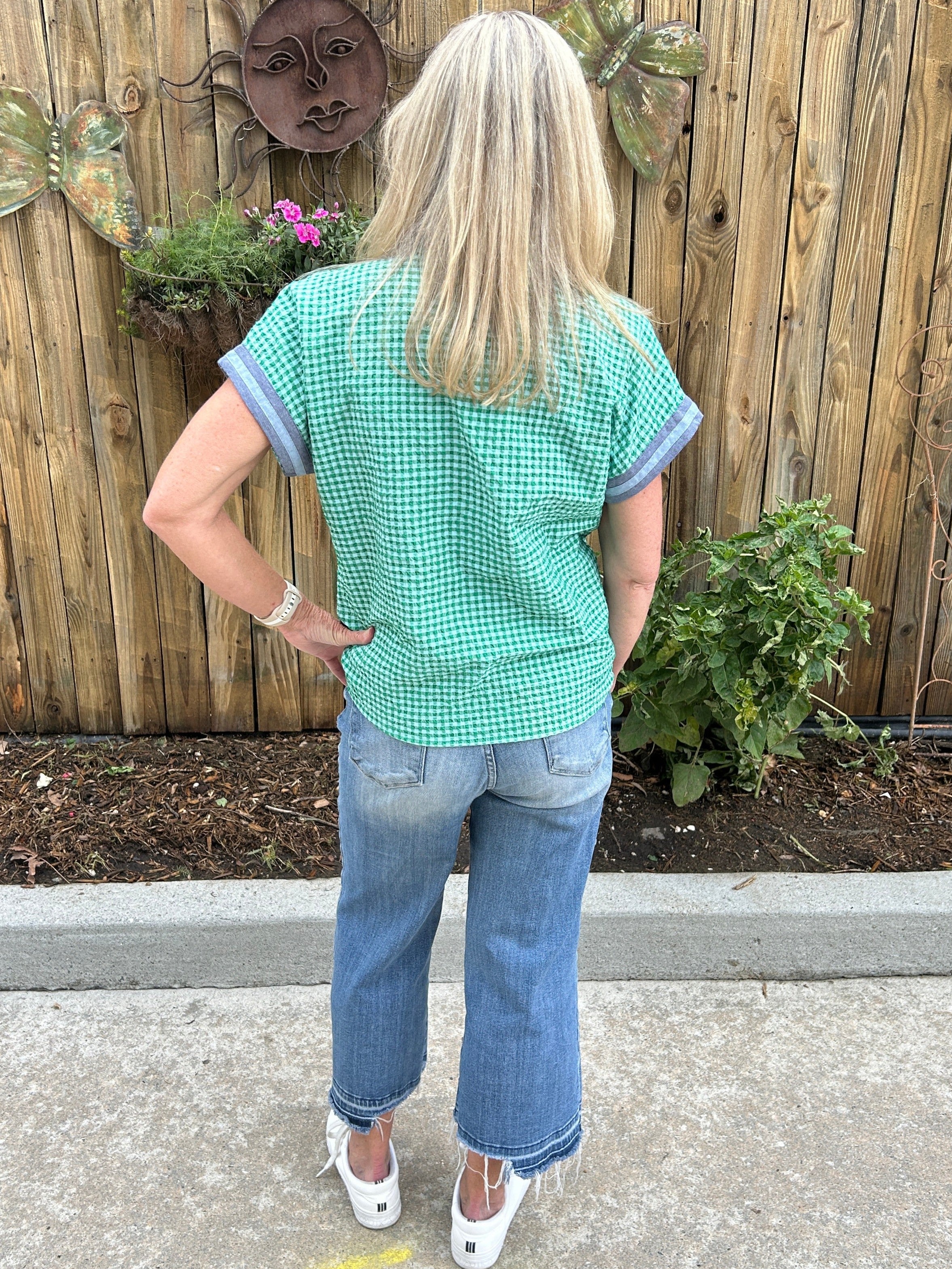 Short Sleeve Green and Blue Gingham Patterned Top
