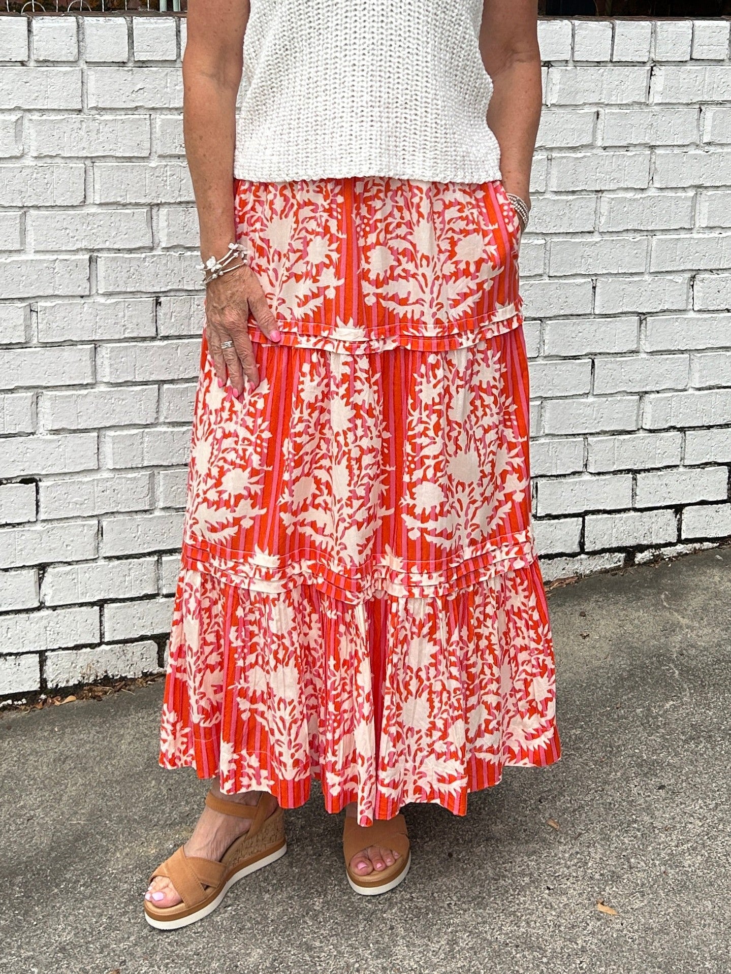 Long Patterned Skirt in Orange and White