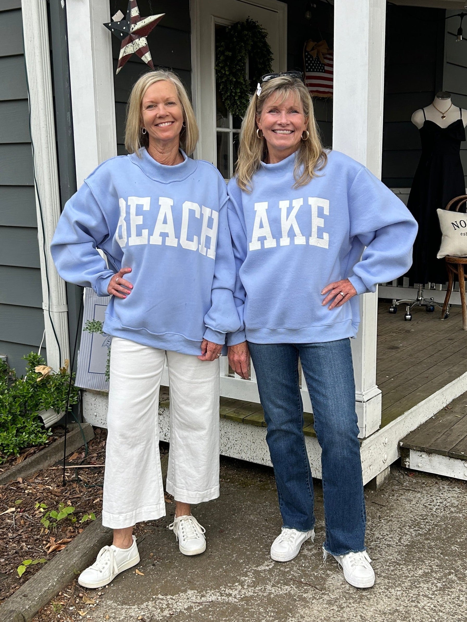 Carolee and Barbara are showing you both sides of this adorable, reversible sweatshirt! It promotes your love of the LAKE on oneside and the BEACH on the other.! 