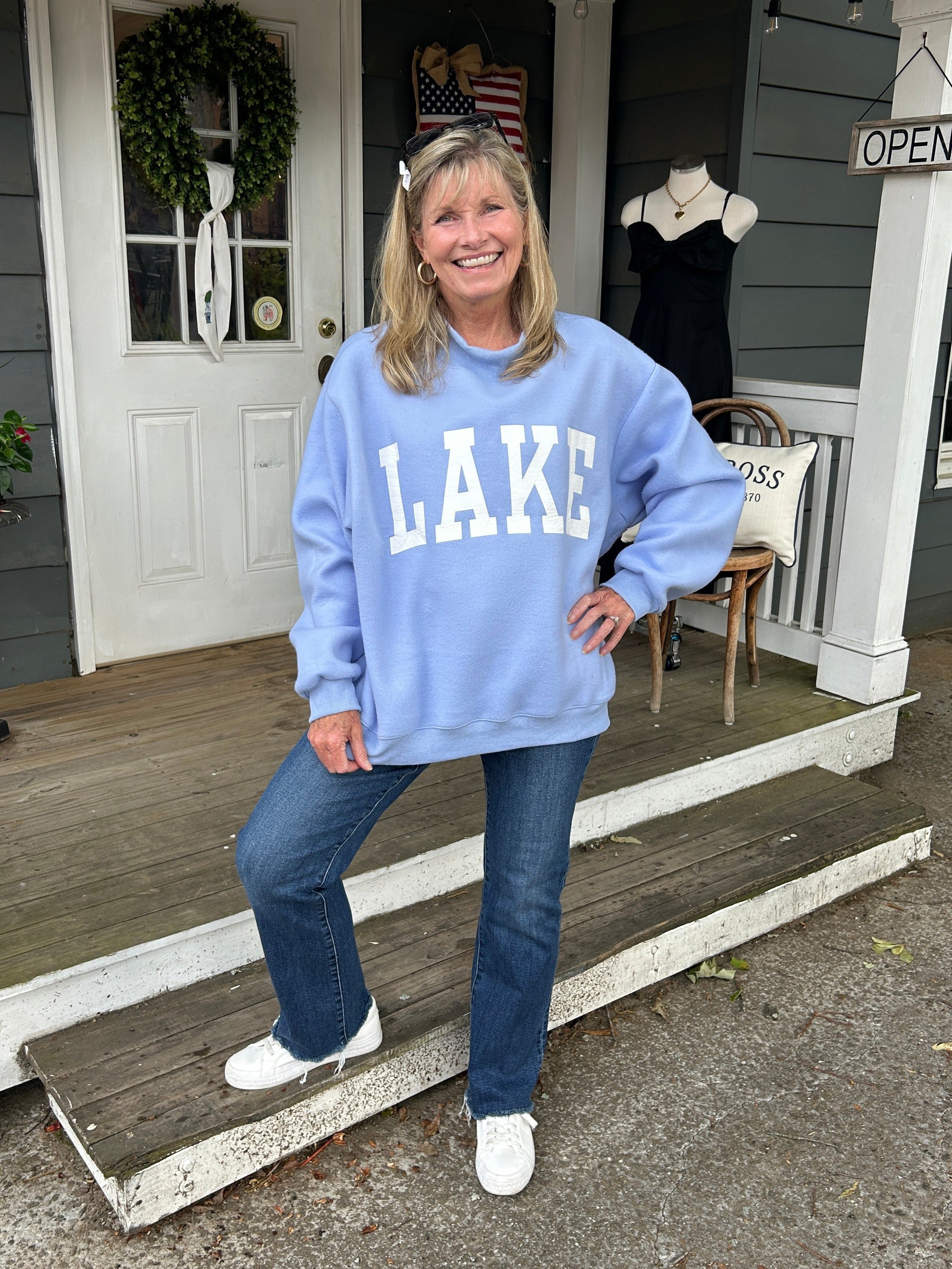 "BEACH" & "LAKE" Reversible Mock Neck Sweatshirt in Blue