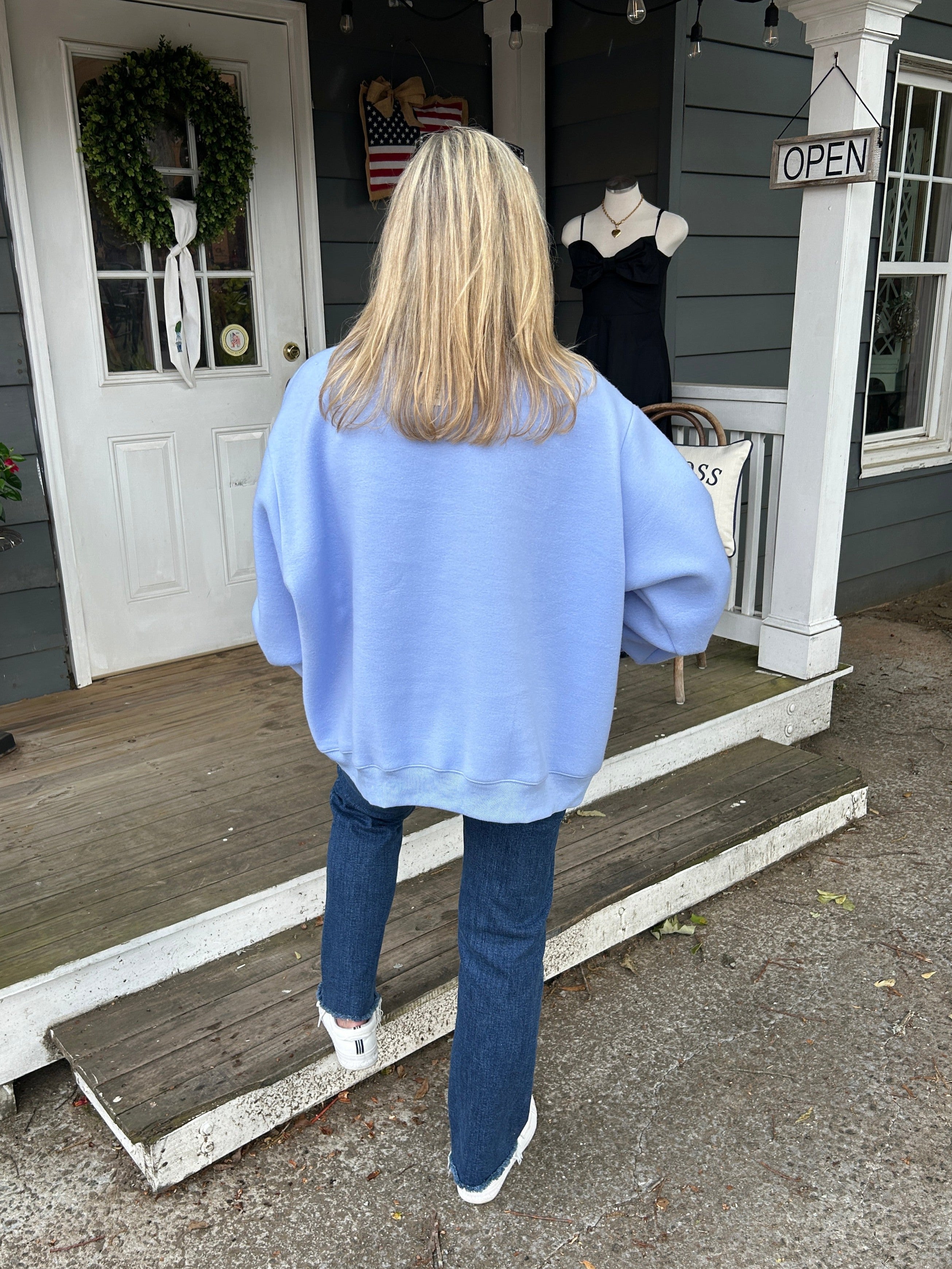 "BEACH" & "LAKE" Reversible Mock Neck Sweatshirt in Blue