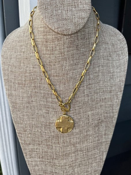 Chain Linked Necklace w/ Round Cross Charm