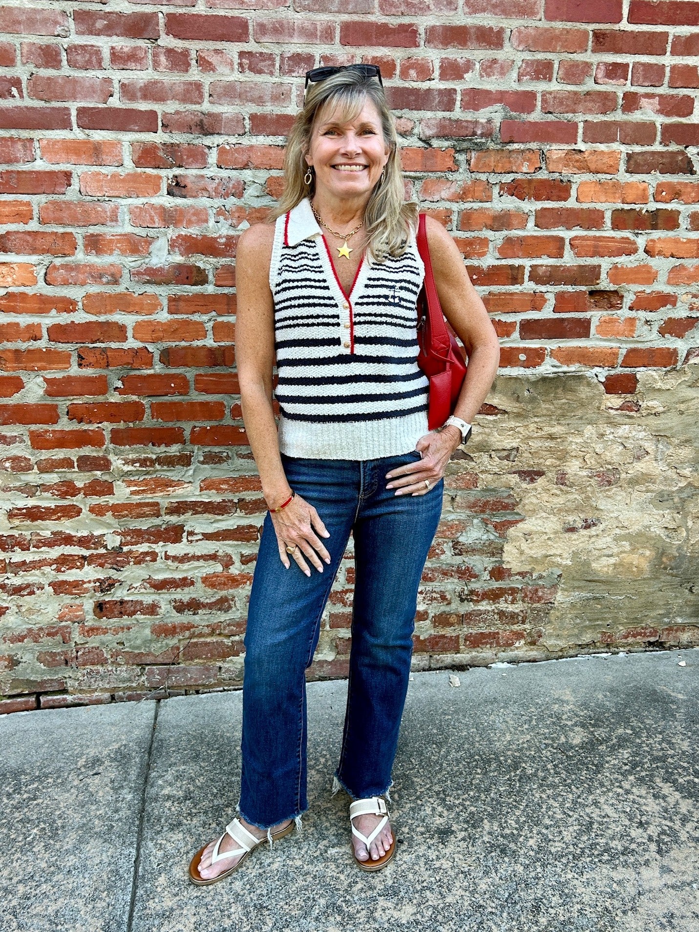 Sleeveless Textured Top/Sweater in Red, White & Blue