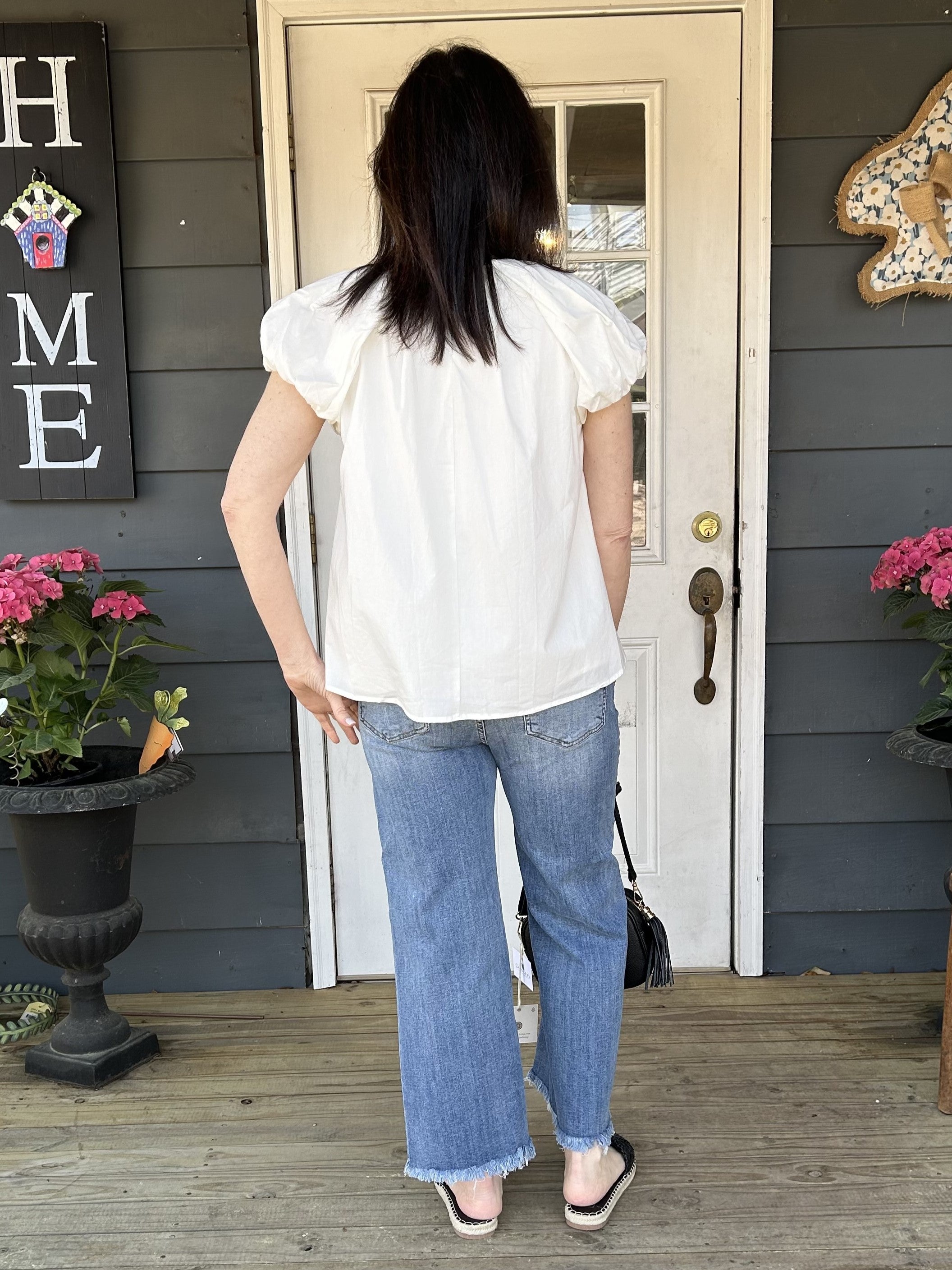 Front Pleated White Top w/ Puffed Sleeves