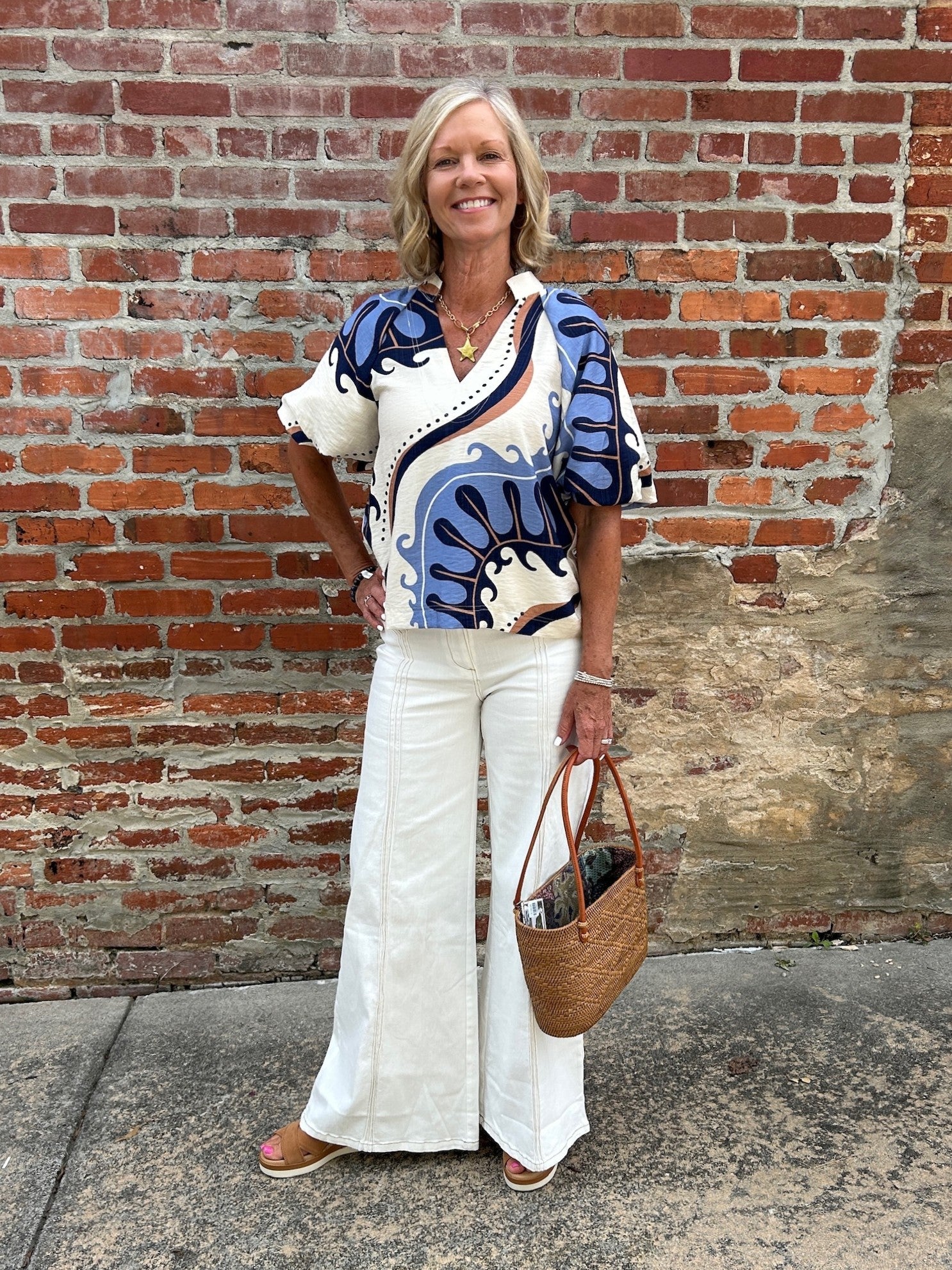 Abstract Print Top w/ Puff Sleeves