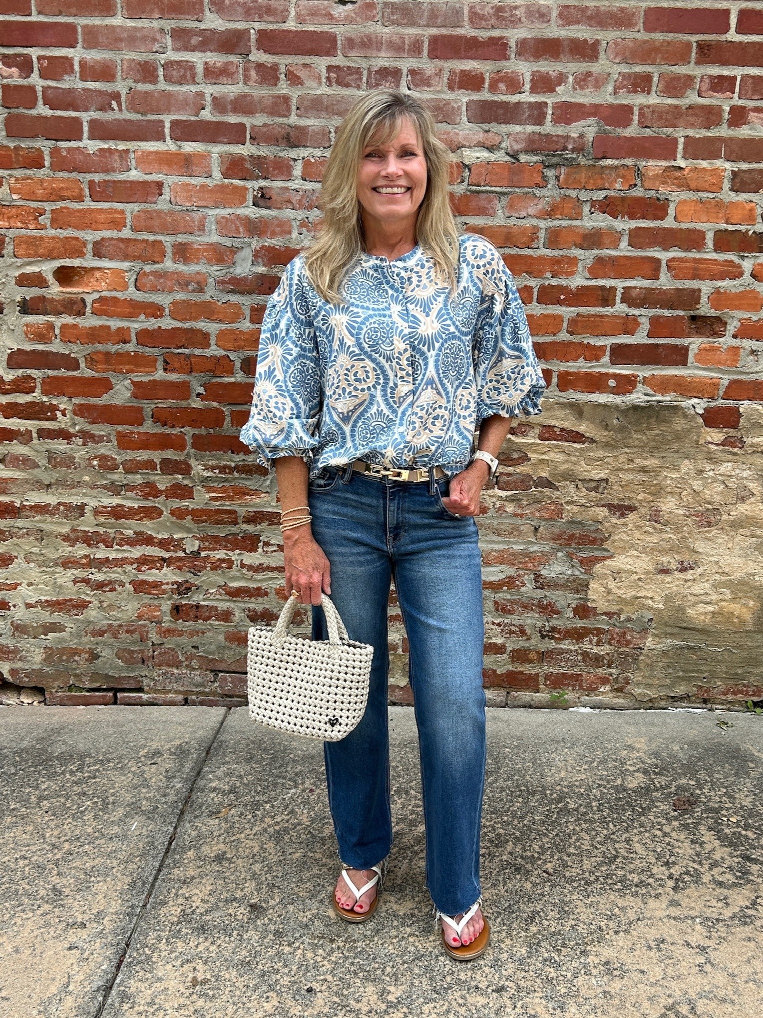 Damask Print Button Down Blouse w/ Balloon Sleeves in Blue