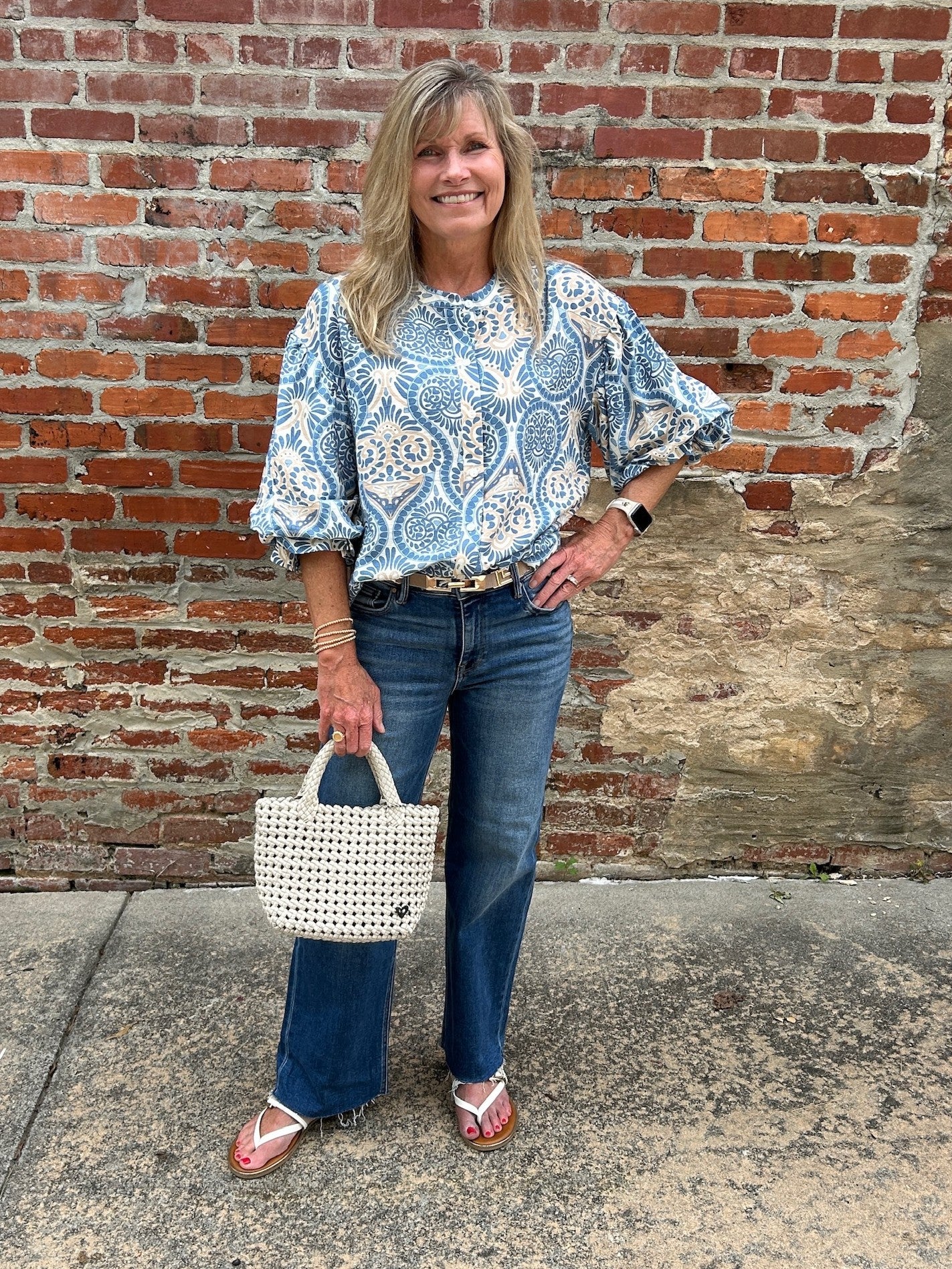 Damask Print Button Down Blouse w/ Balloon Sleeves in Blue