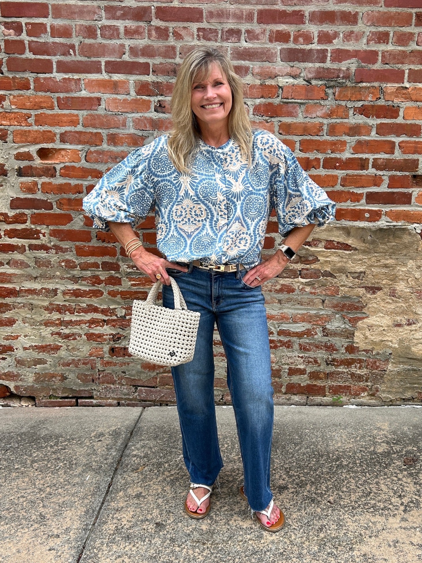 Damask Print Button Down Blouse w/ Balloon Sleeves in Blue